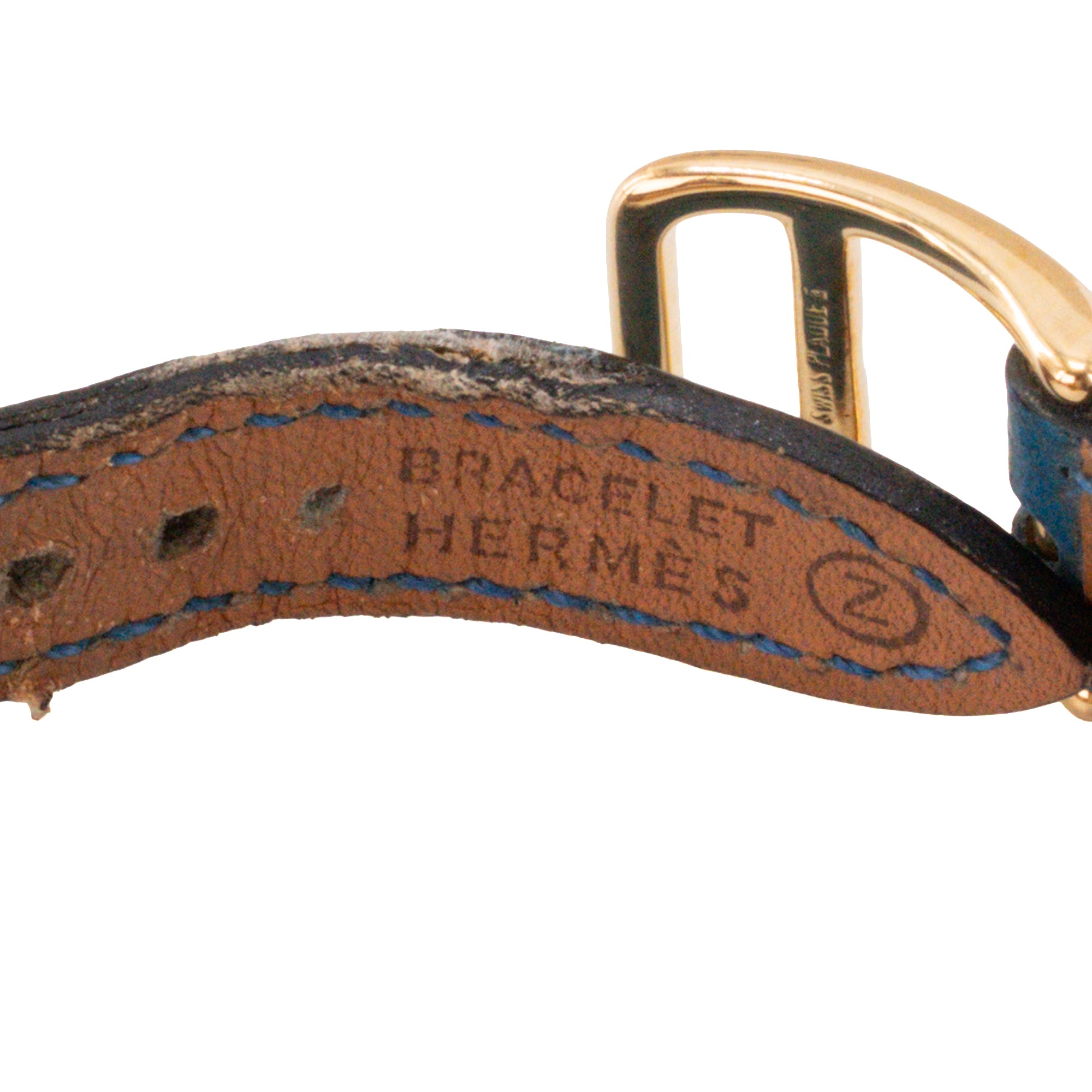 HERMÈS - Montre Kelly Hermès en plaqué or et cuir grainé bleu