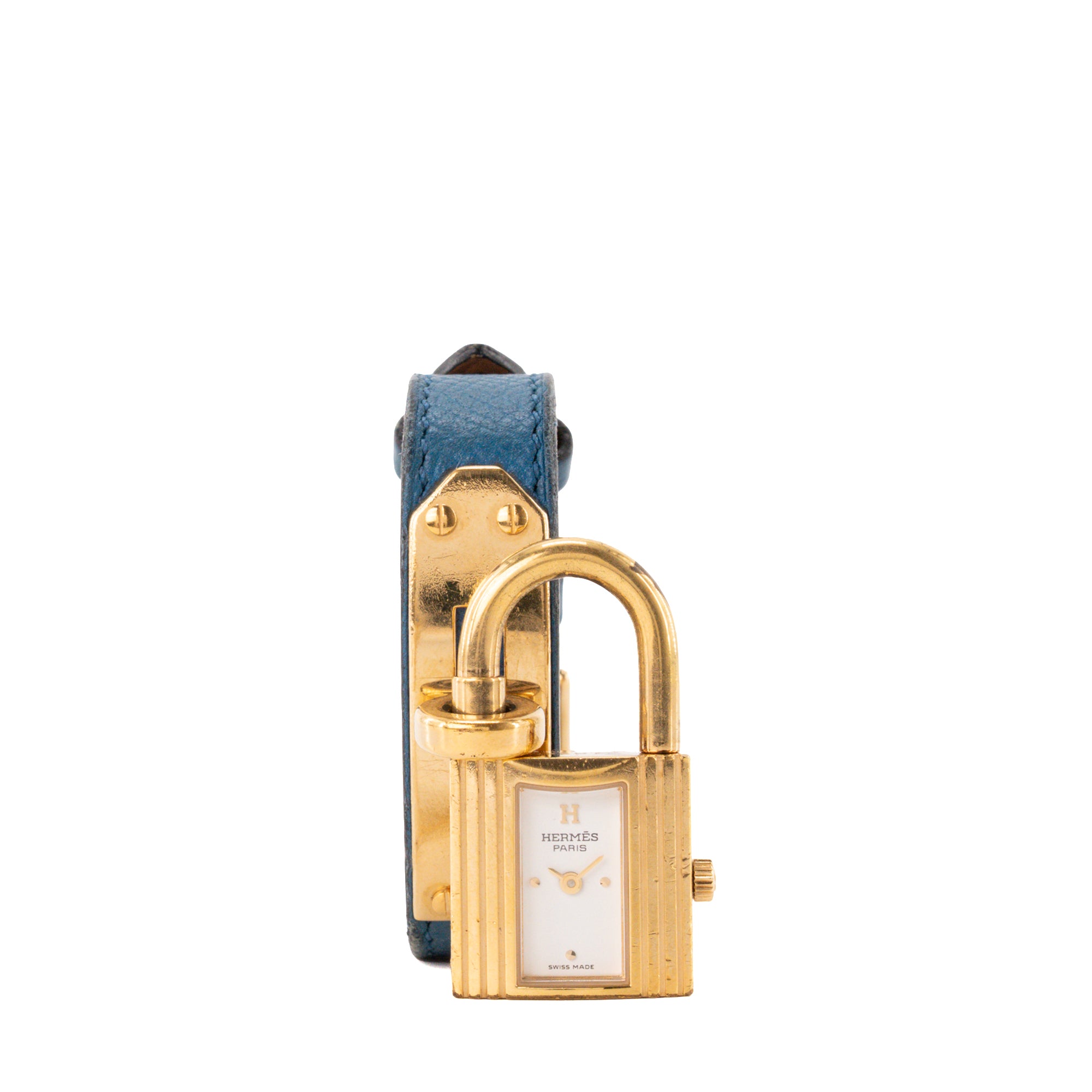 HERMÈS - Montre Kelly Hermès en plaqué or et cuir grainé bleu