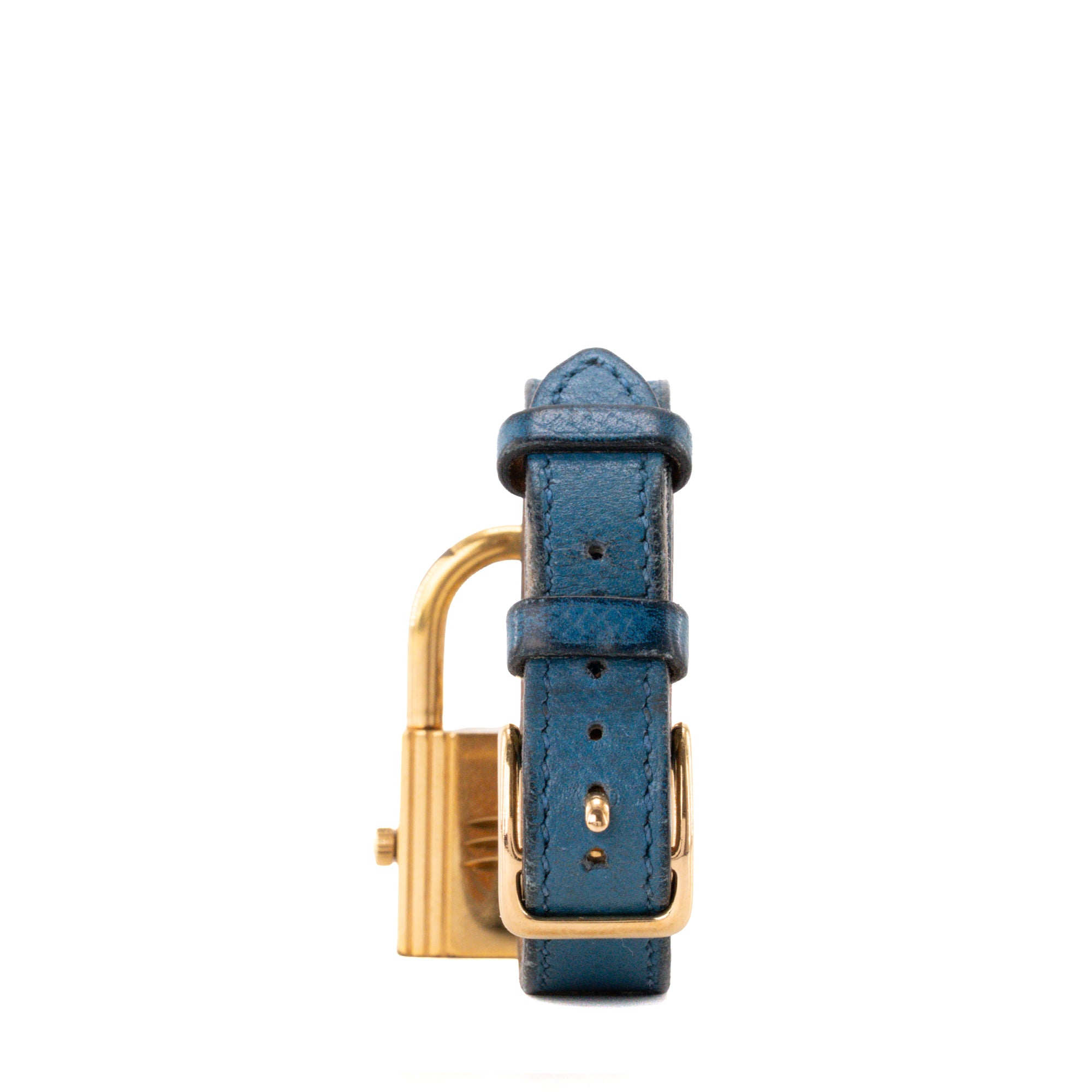 HERMÈS - Montre Kelly Hermès en plaqué or et cuir grainé bleu