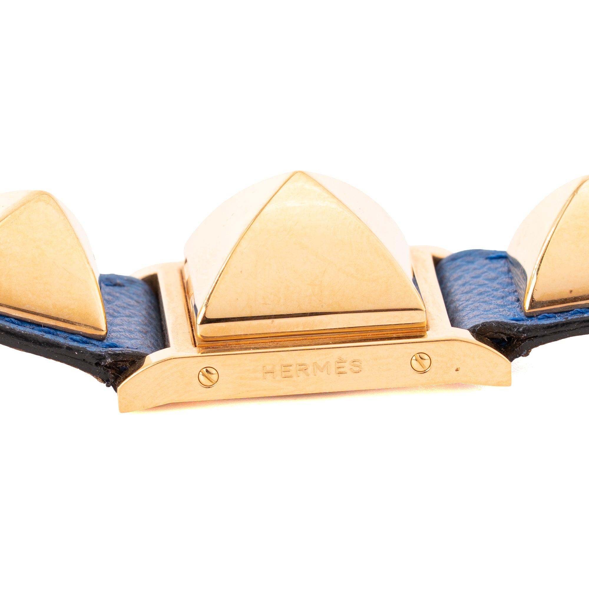 HERMÈS - Hermès Médor PM watch in blue grained leather and gold-plated