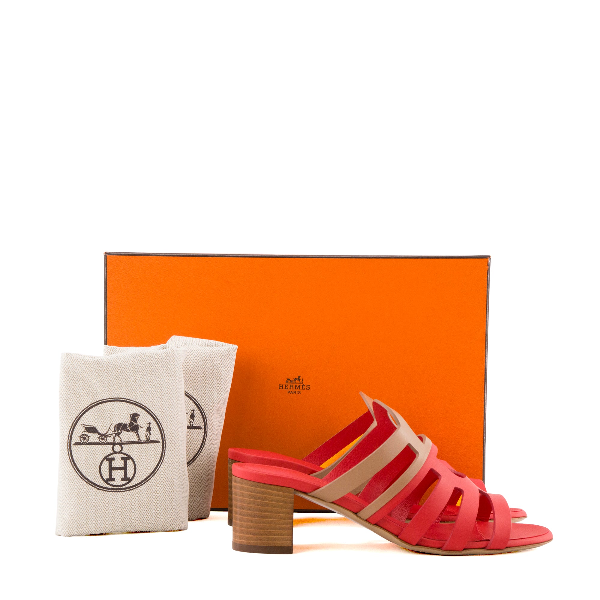 HERMÈS - Mules à talon Celena Hermès en cuir rose et marron (T36,5)
