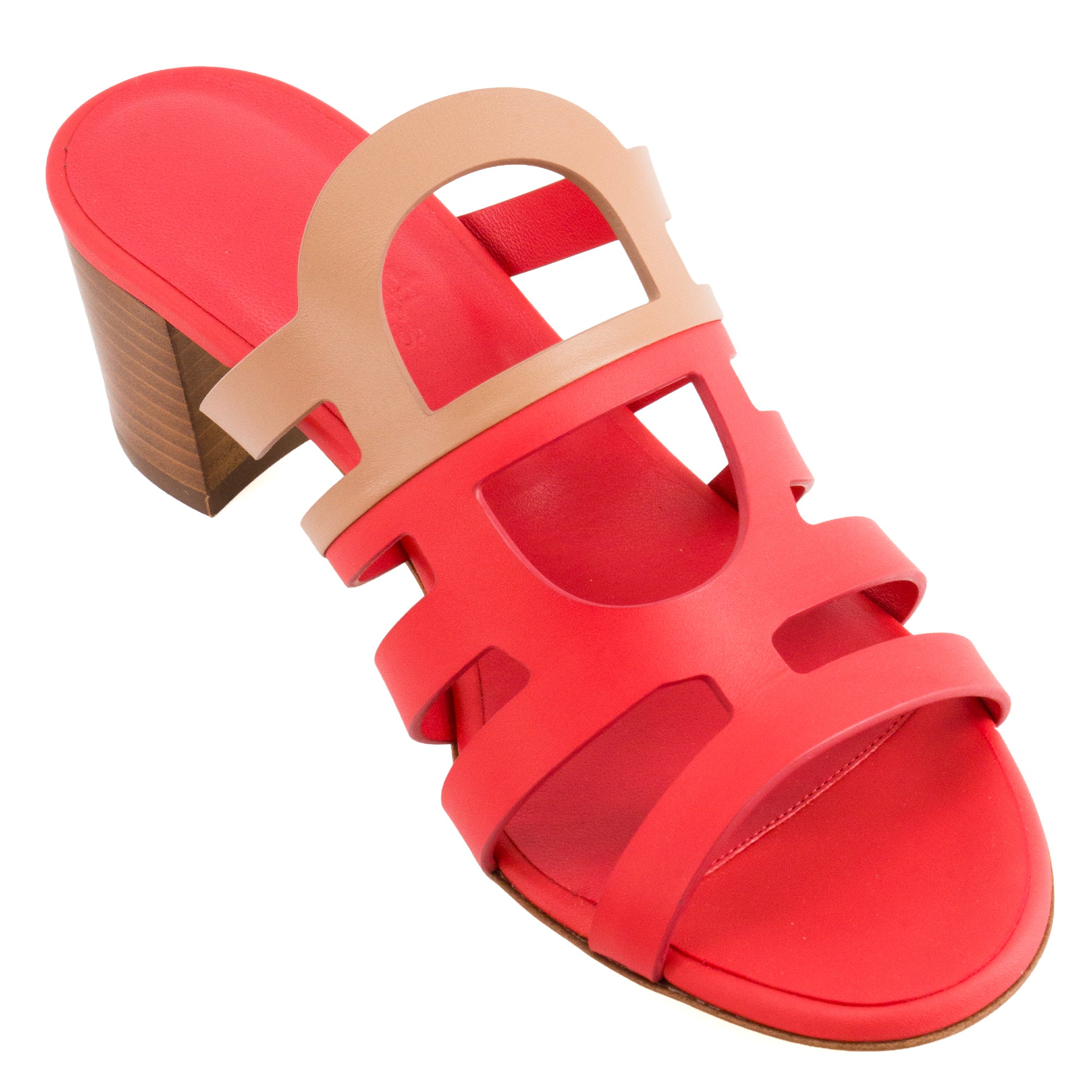 HERMÈS - Mules à talon Celena Hermès en cuir rose et marron (T36,5)