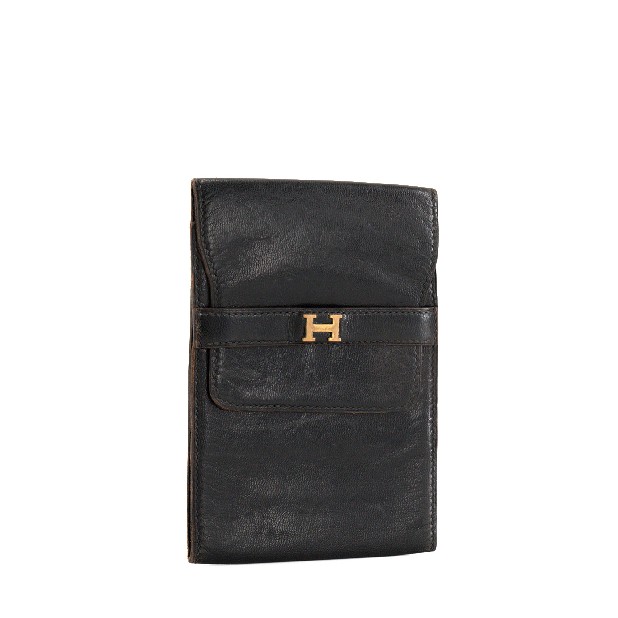 HERMÈS - Porte-chéquier Hermès en cuir lisse noir vintage