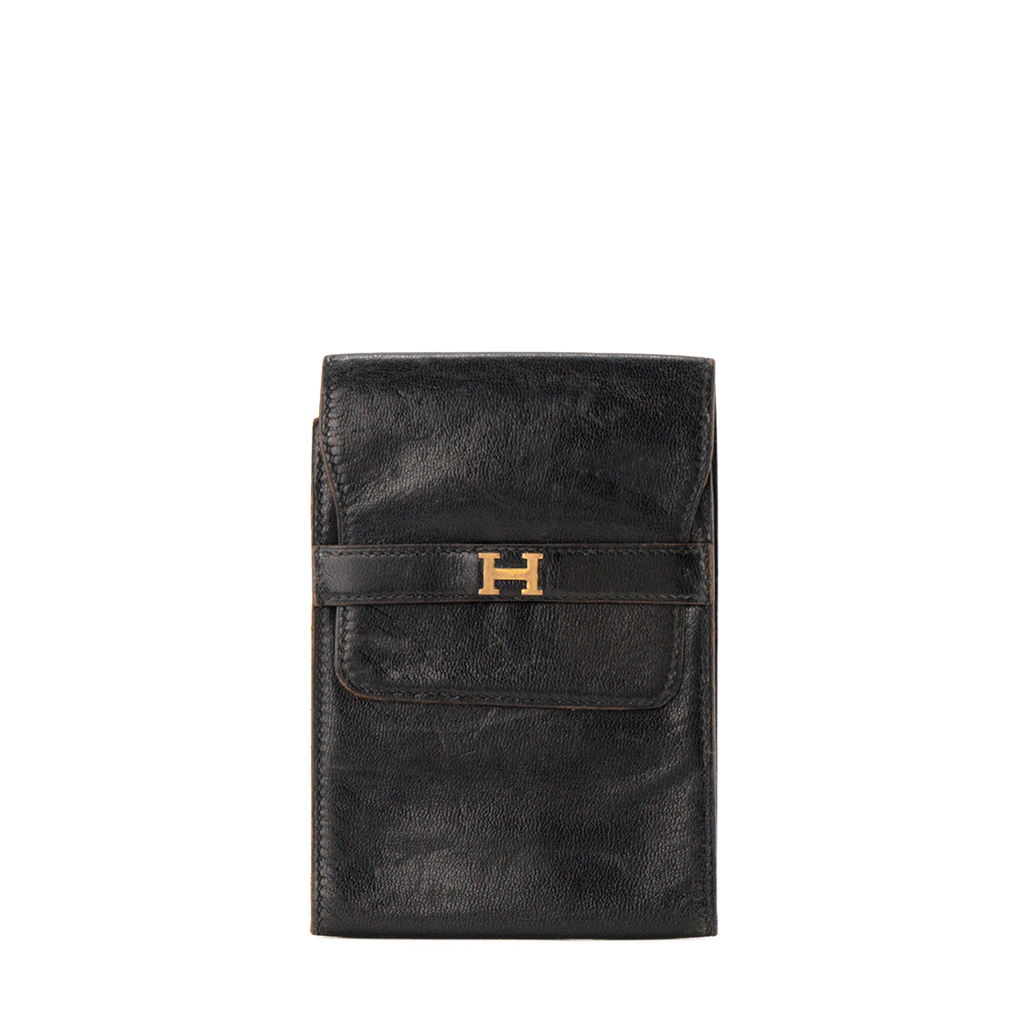 HERMÈS - Porte-chéquier Hermès en cuir lisse noir vintage