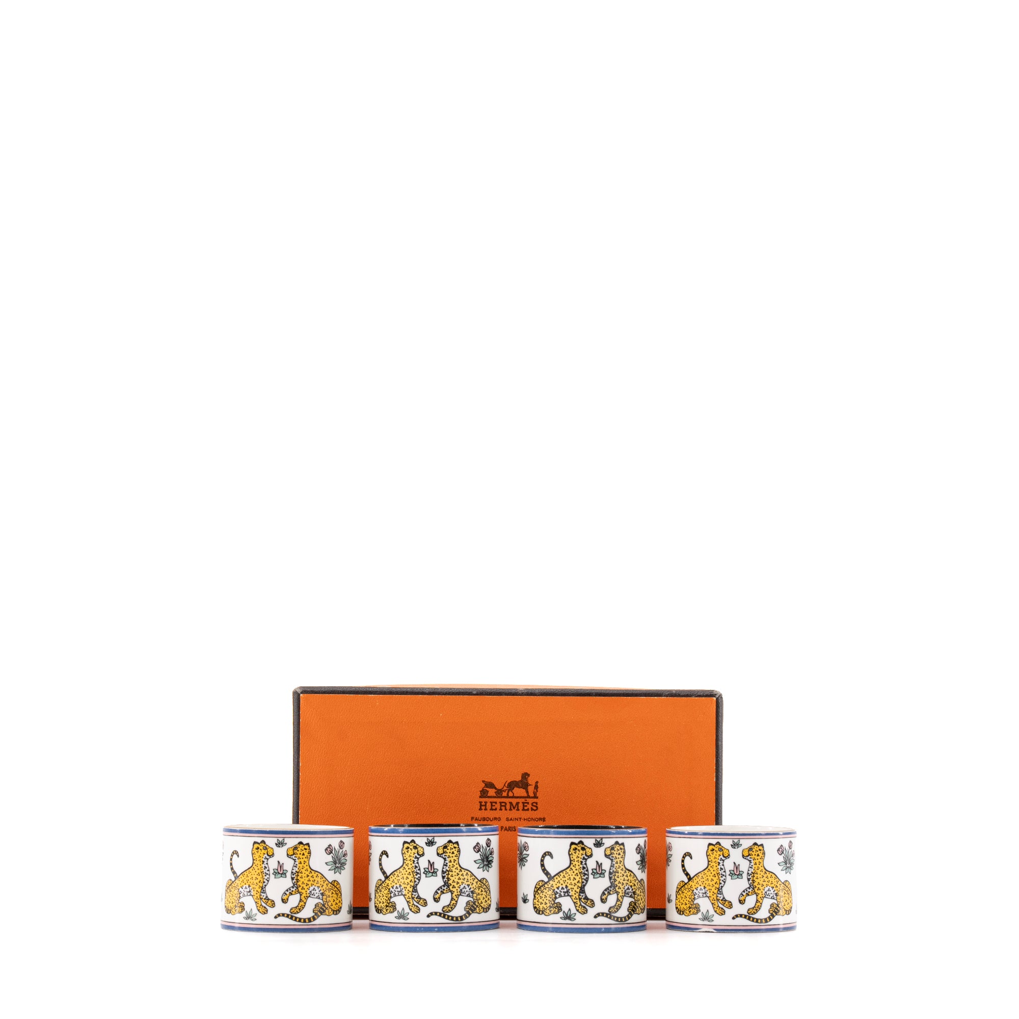 HERMÈS - Quatre Ronds de serviette Les Léopards Hermès en émail multicolore