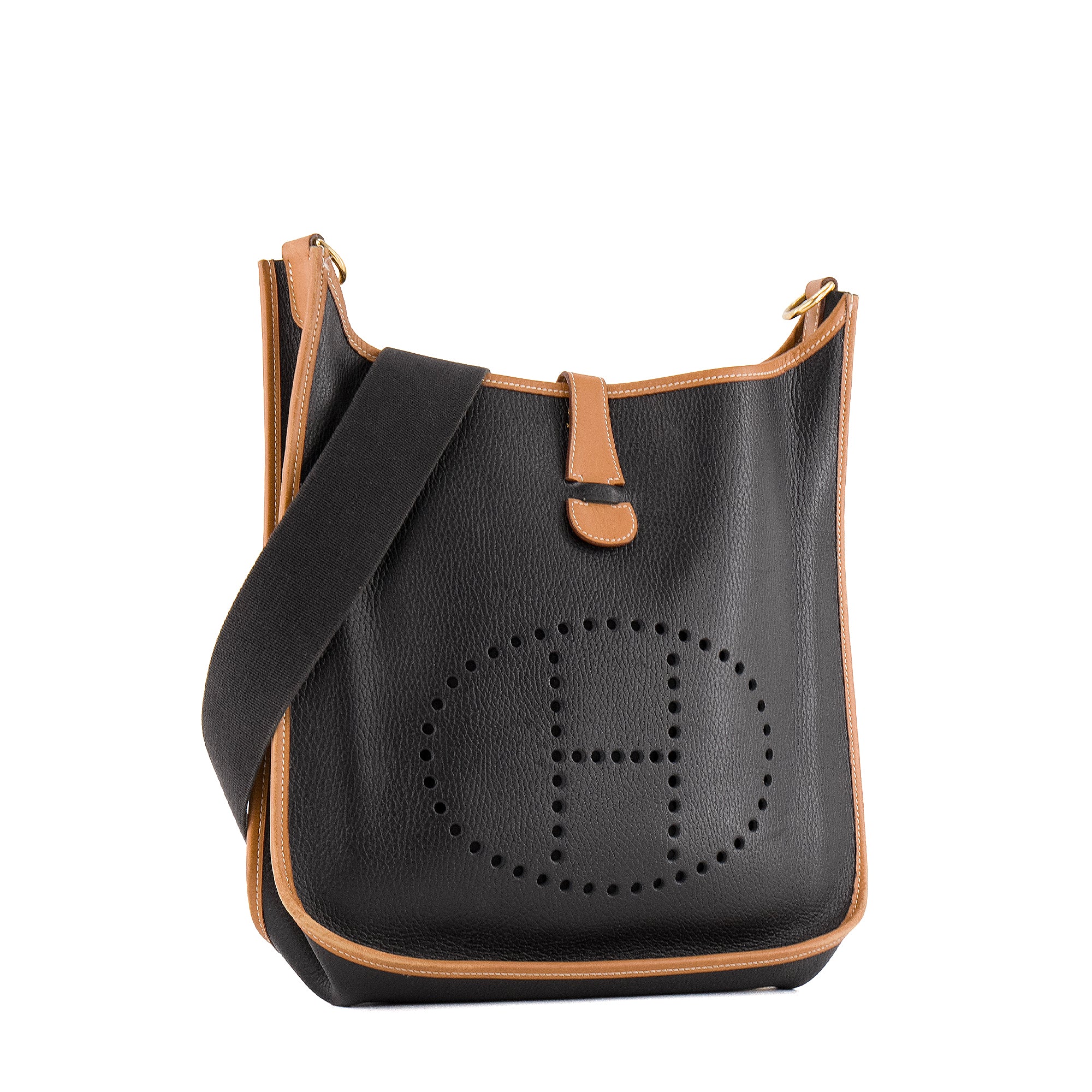 HERMÈS - Sac à bandoulière Evelyne GM Hermès  en cuir noir et marron vintage