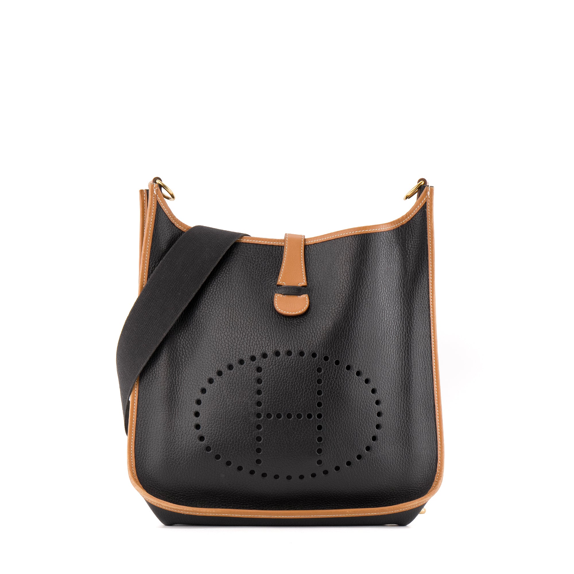 HERMÈS - Sac à bandoulière Evelyne GM Hermès  en cuir noir et marron vintage