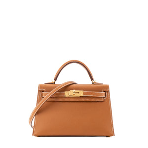 HERMÈS - Sac à bandoulière Kelly 20 mini Hermès en cuir epsom marron gold