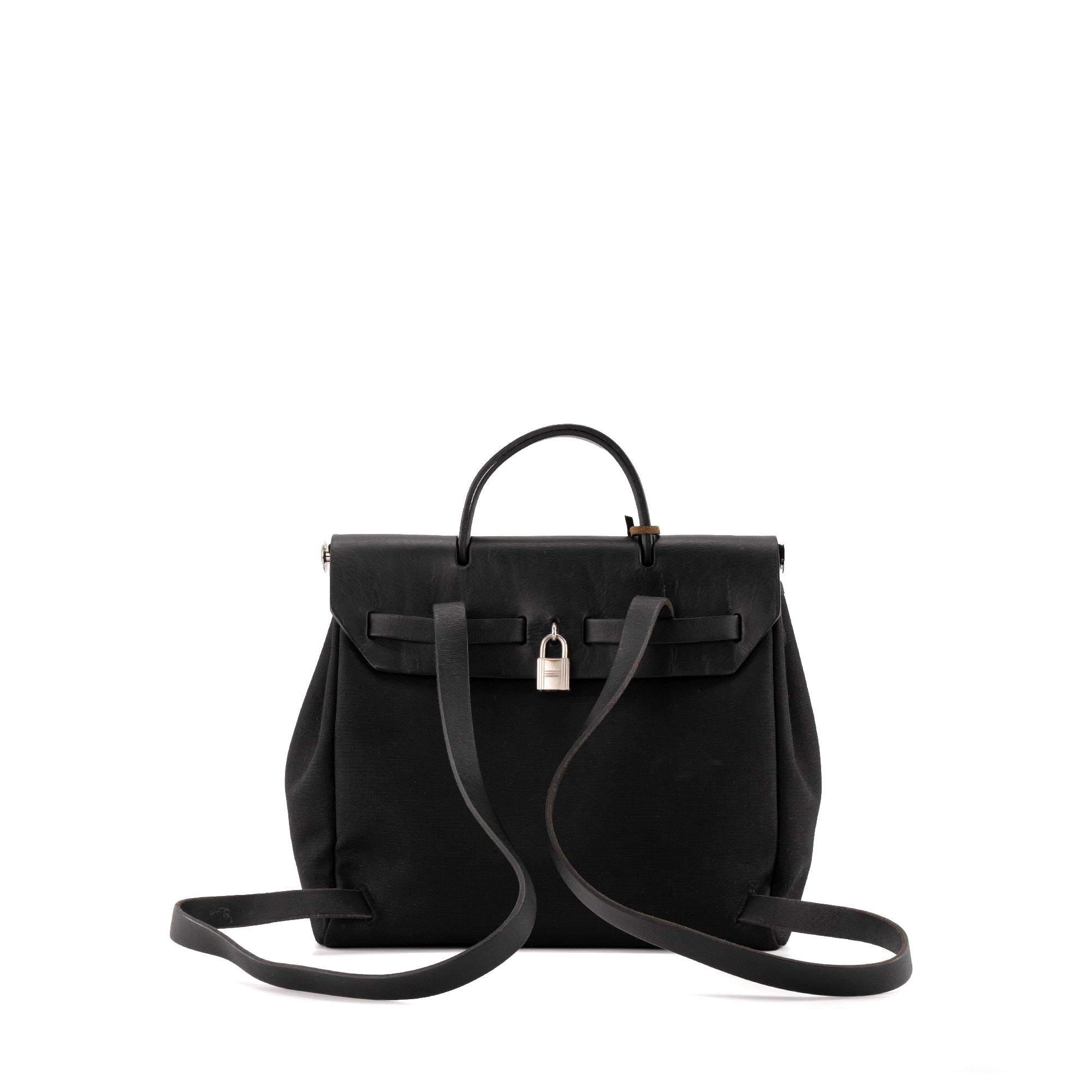 HERMÈS - Sac à dos Herbag Hermès en cuir et toile noire et bleu marine vintage