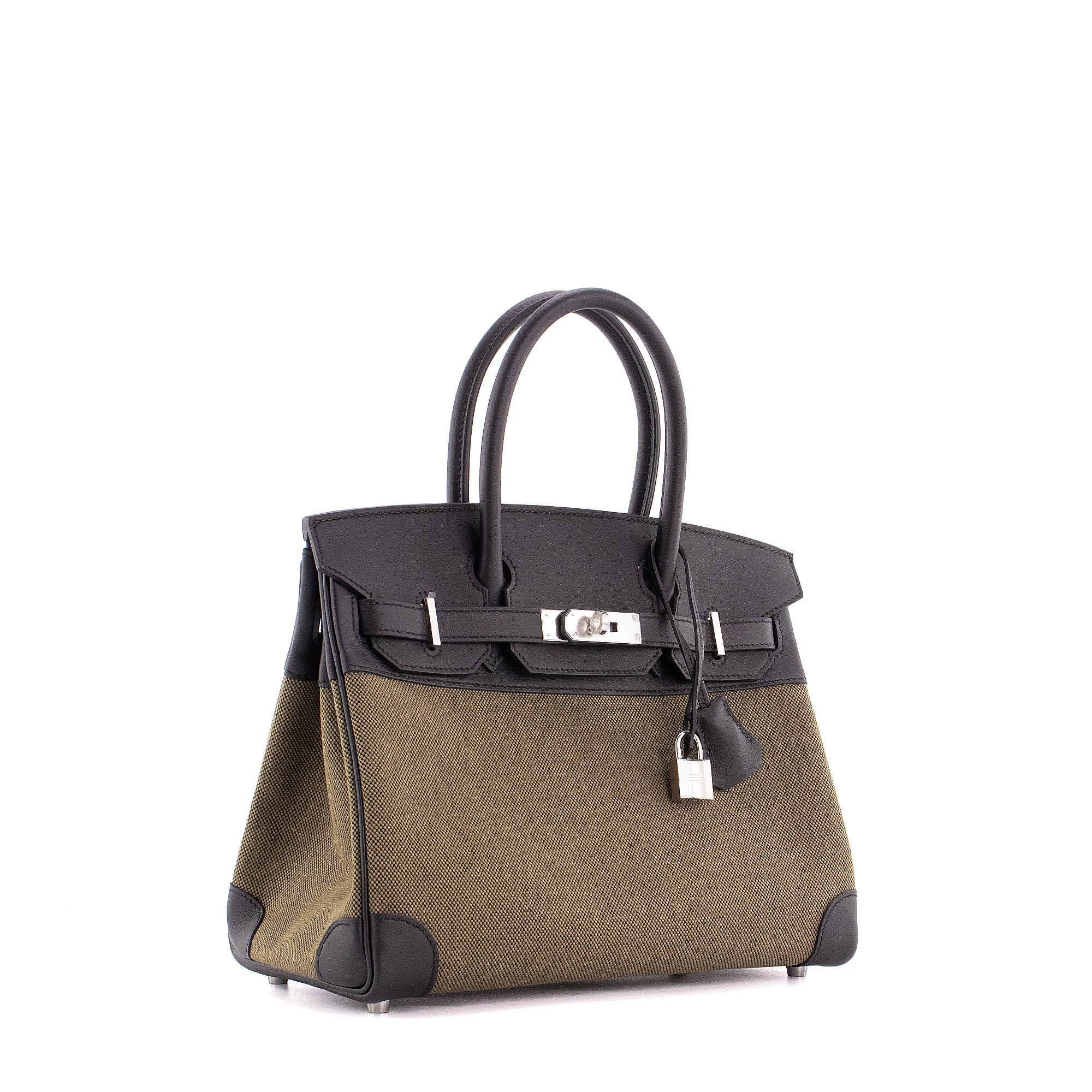 HERMÈS - Sac à main Birkin 30 Hermès en toile vert militaire et cuir noir