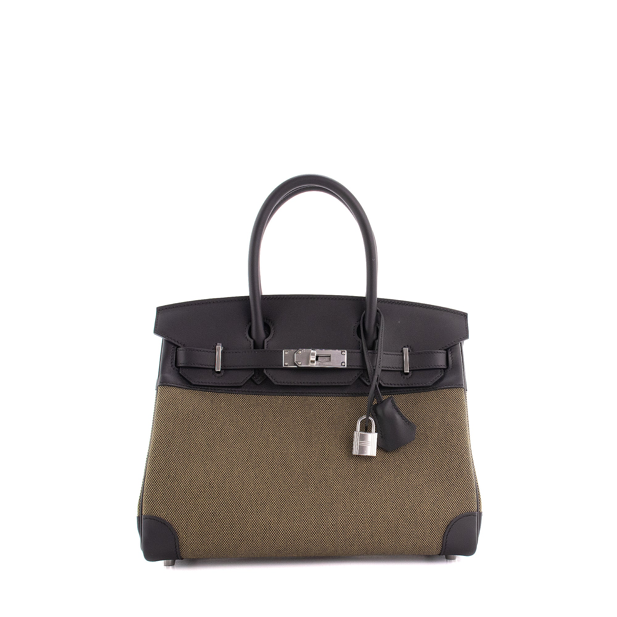 HERMÈS - Sac à main Birkin 30 Hermès en toile vert militaire et cuir noir
