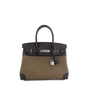 HERMÈS - Sac à main Birkin 30 Hermès en toile vert militaire et cuir noir