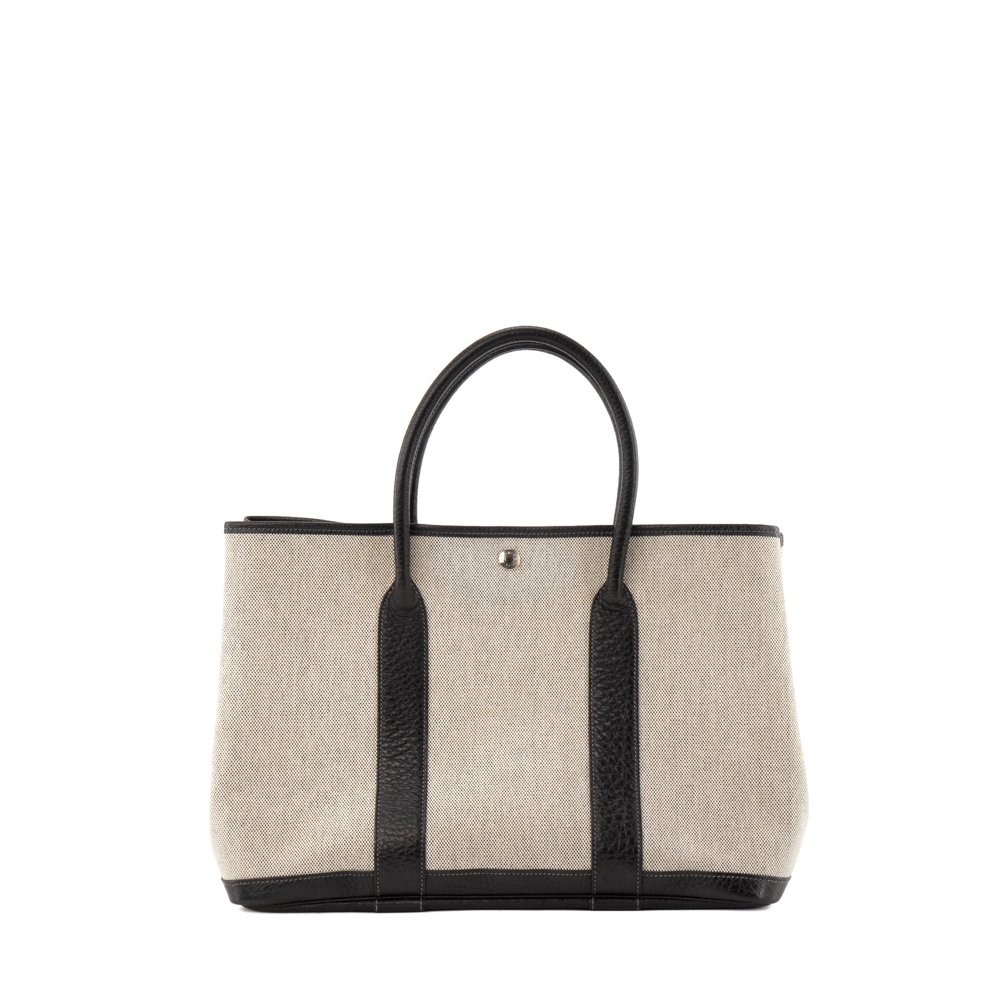HERMÈS - Sac à main Garden Party Hermès en toile grise et cuir noir