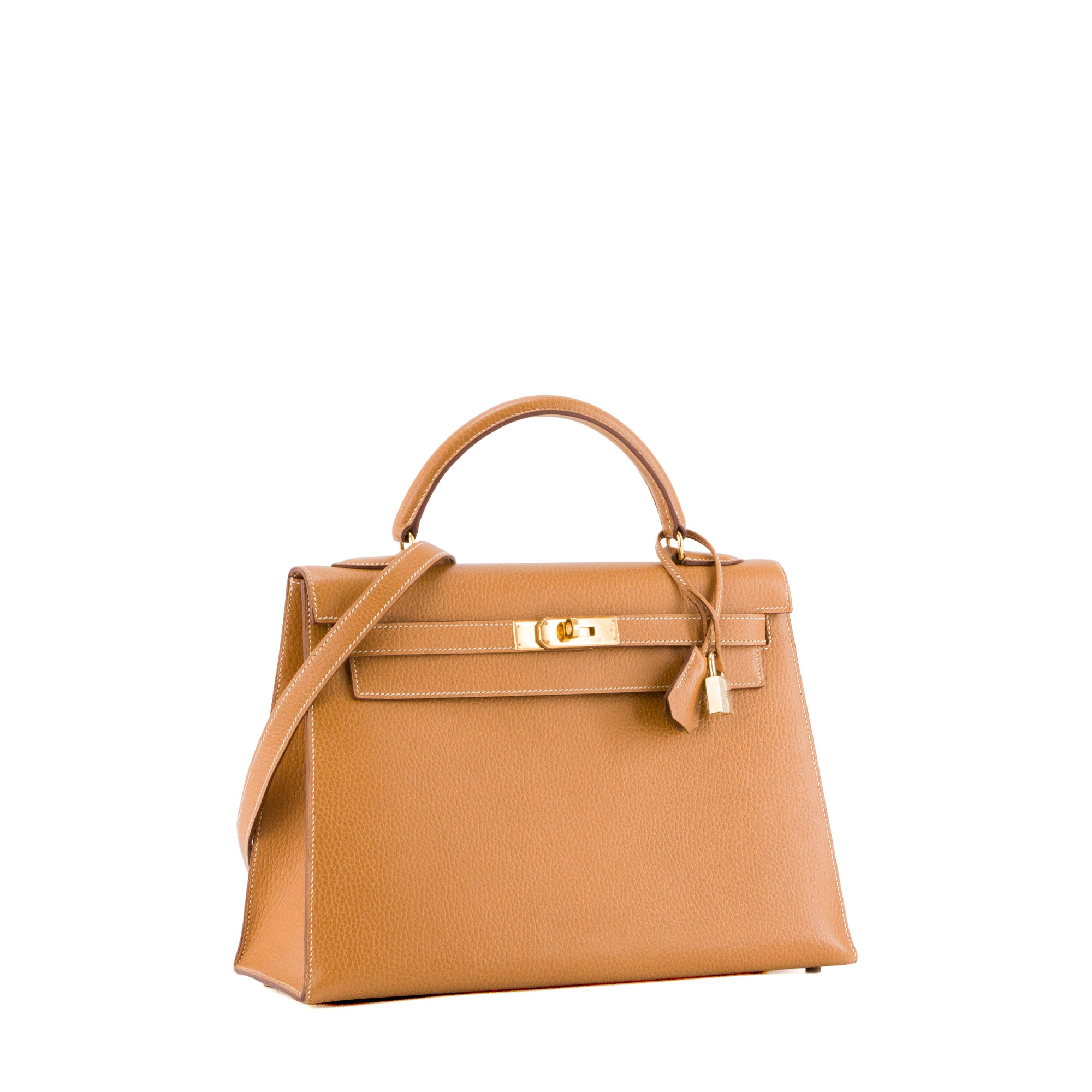 HERMÈS - Sac à main Kelly 32 Hermès en cuir ardennes marron gold vintage