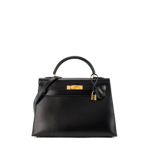HERMÈS - Sac à main Kelly 32 Hermès en cuir box noir vintage