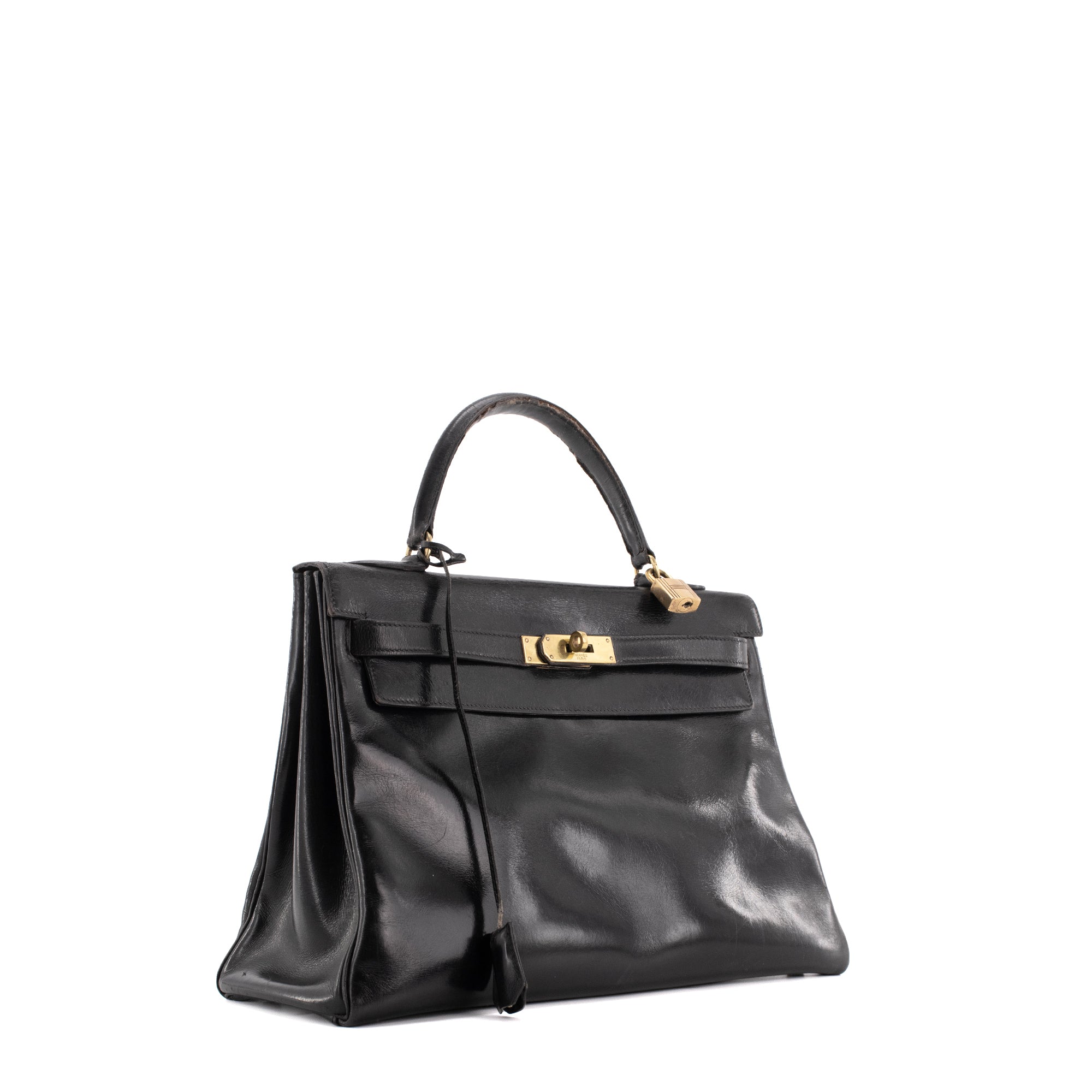 HERMÈS - Sac à main Kelly 32 Hermès en cuir box noir vintage