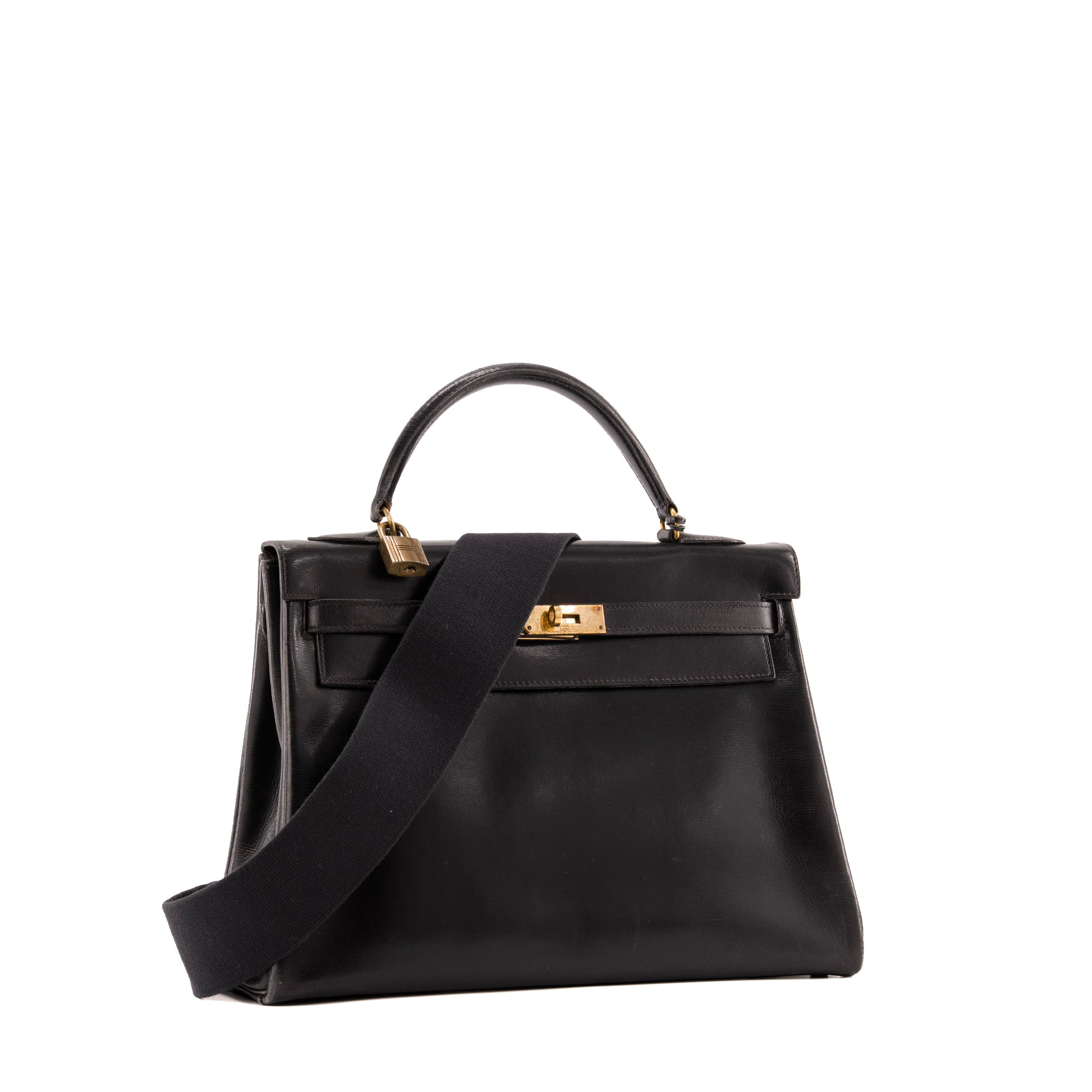 HERMÈS - Sac à main Kelly 32 Hermès en cuir box noir vintage