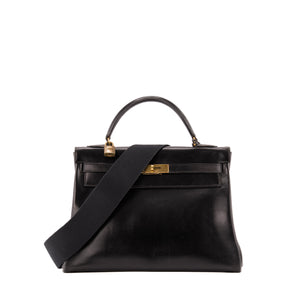 HERMÈS - Sac à main Kelly 32 Hermès en cuir box noir vintage