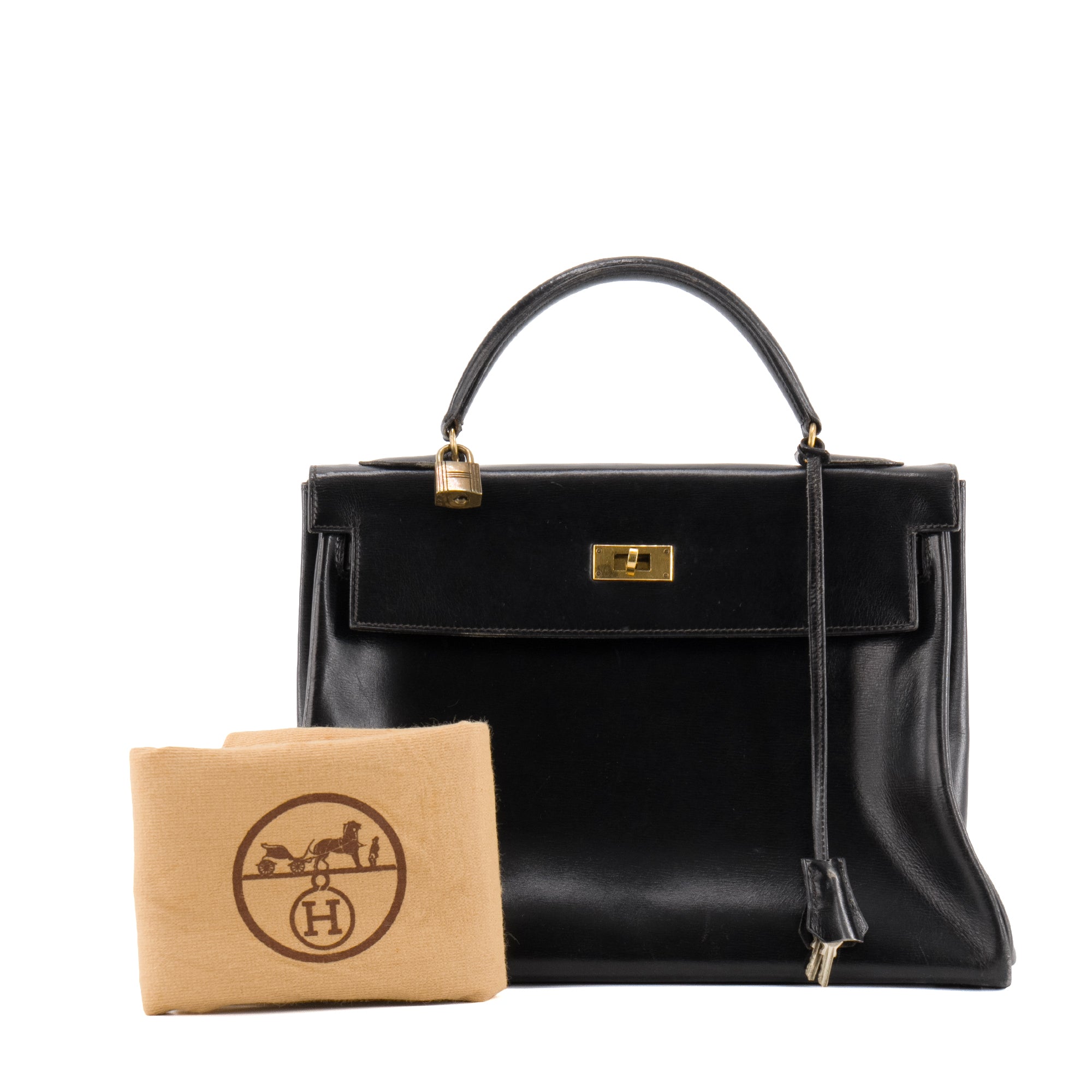 HERMÈS - Sac à main Kelly 32 Hermès en cuir box noir vintage