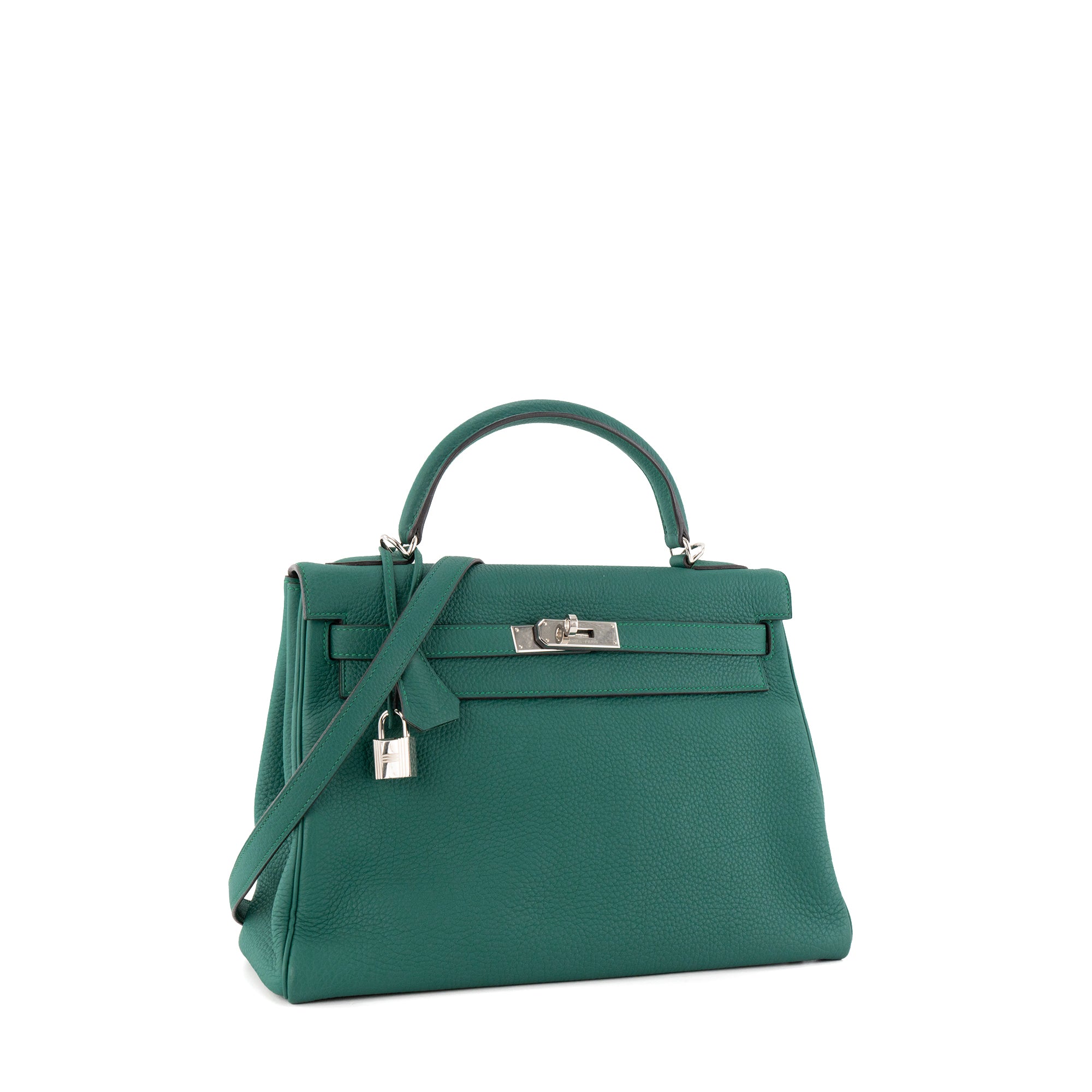 HERMÈS - Sac à main Kelly 32 Hermès en cuir clémence vert foncé