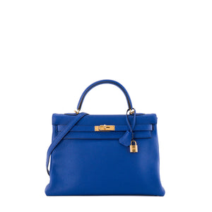HERMÈS - Sac à main Kelly 35 Hermès en cuir clémence couleur bleu roi
