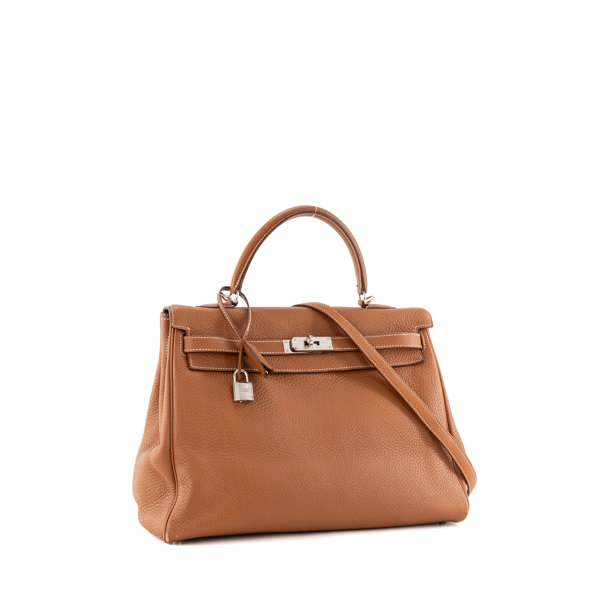 HERMÈS - Sac à main Kelly 35 Hermès en cuir clémence marron gold