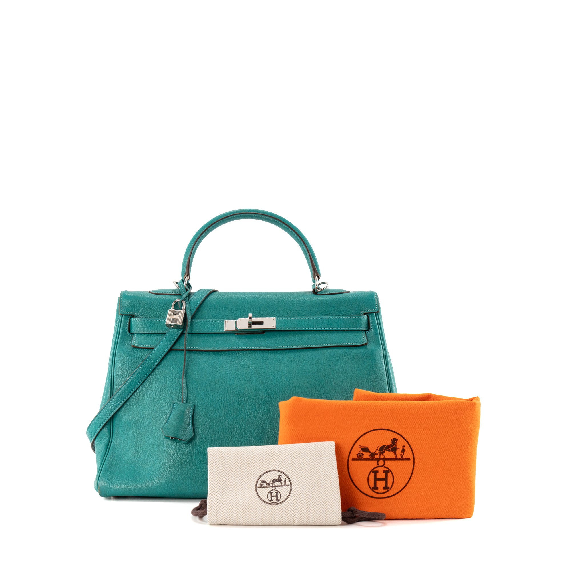 HERMÈS - Sac à main Kelly 35 Hermès en cuir de Chèvre Mysore Bleu Paon