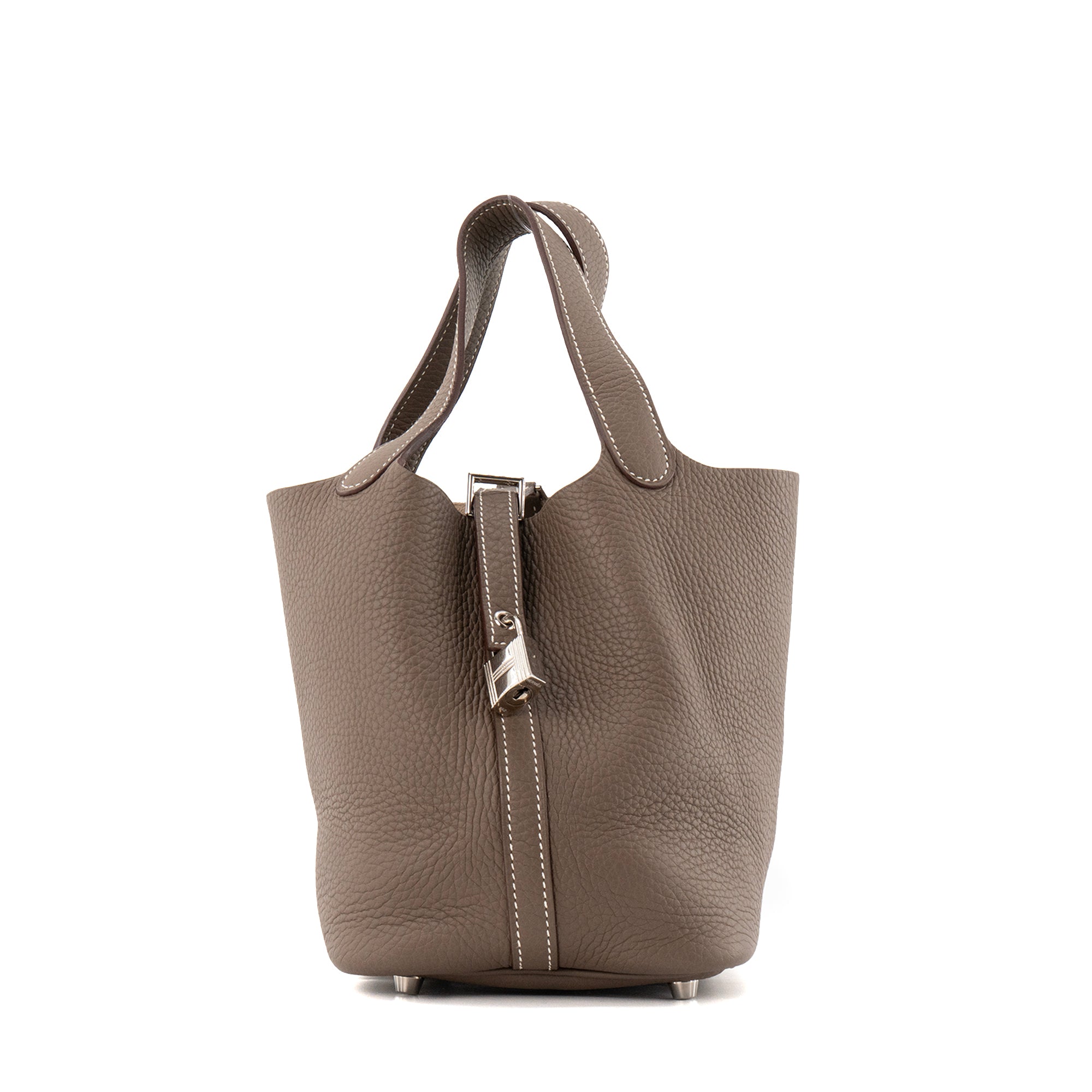 HERMÈS - Sac à main Picotin 18 Hermès en cuir clémence étoupe