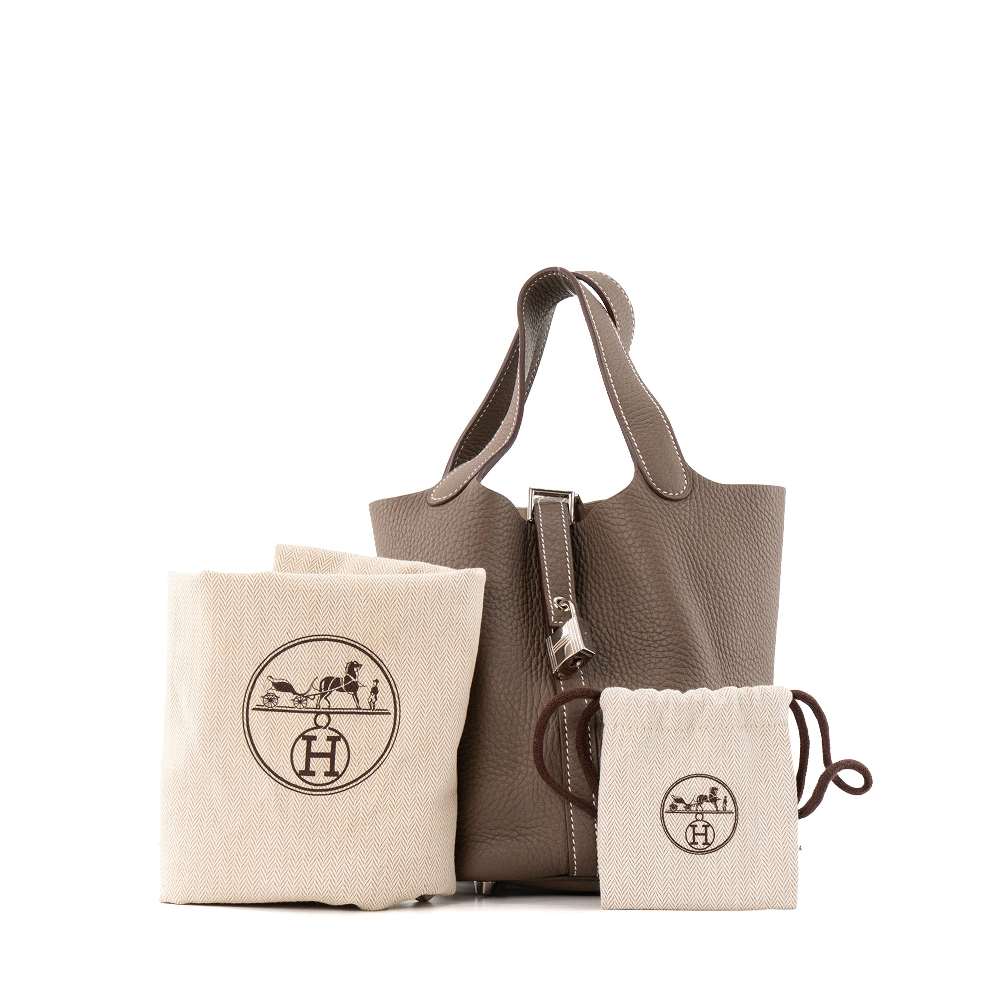 HERMÈS - Sac à main Picotin 18 Hermès en cuir clémence étoupe