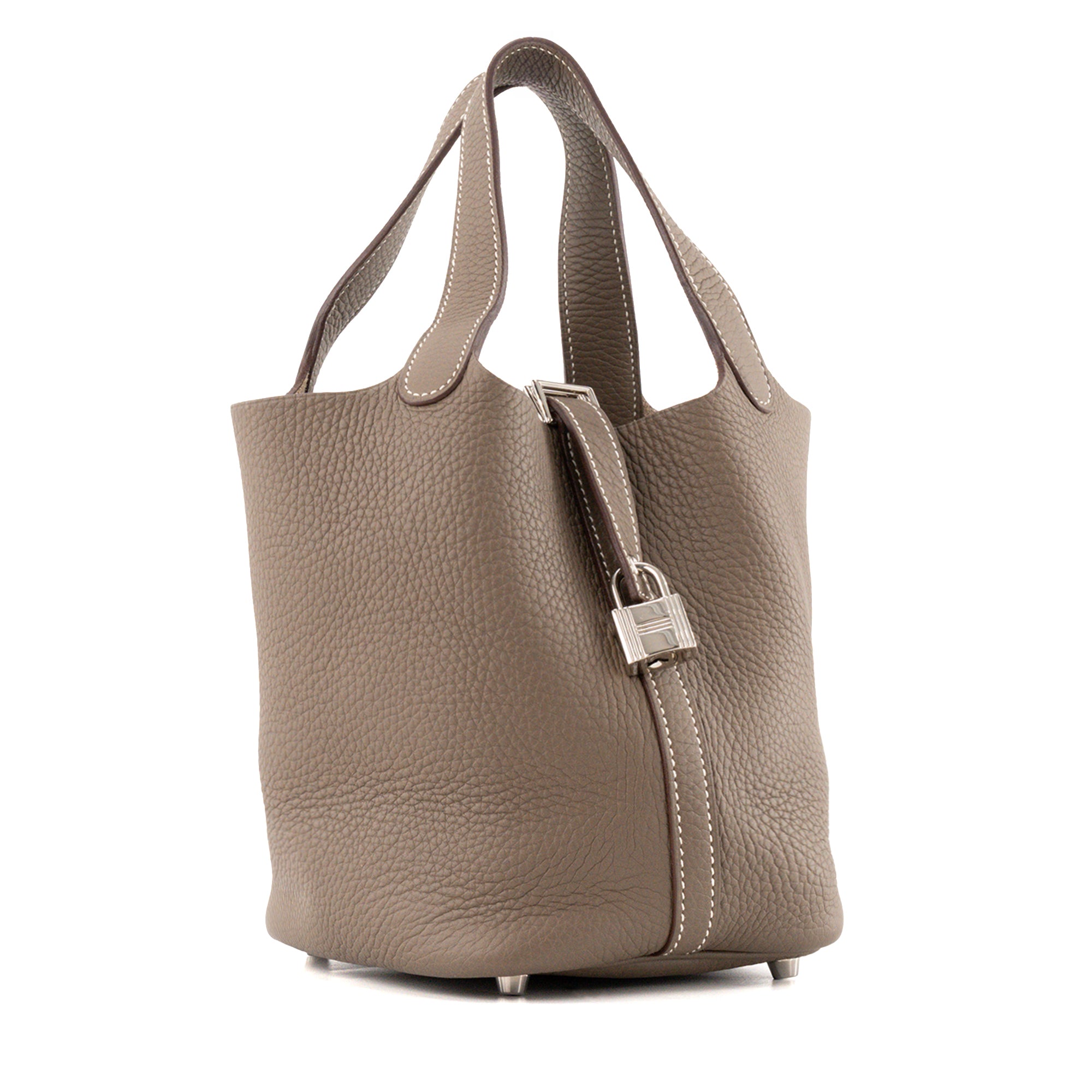 HERMÈS - Sac à main Picotin 18 Hermès en cuir clémence gris étoupe