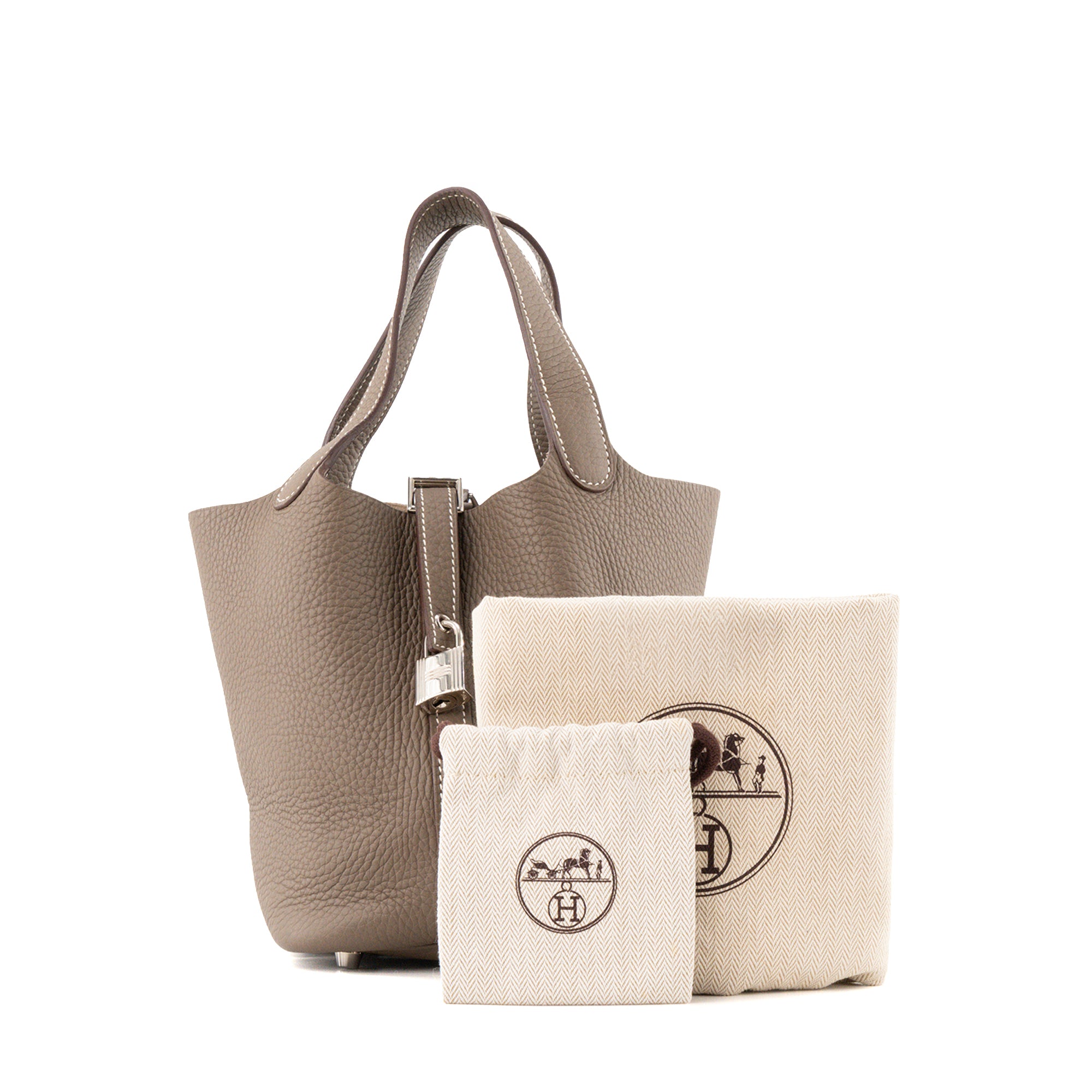 HERMÈS - Sac à main Picotin 18 Hermès en cuir clémence gris étoupe