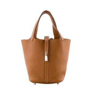 HERMÈS - Sac à main Picotin 18 Hermès en cuir clémence marron gold