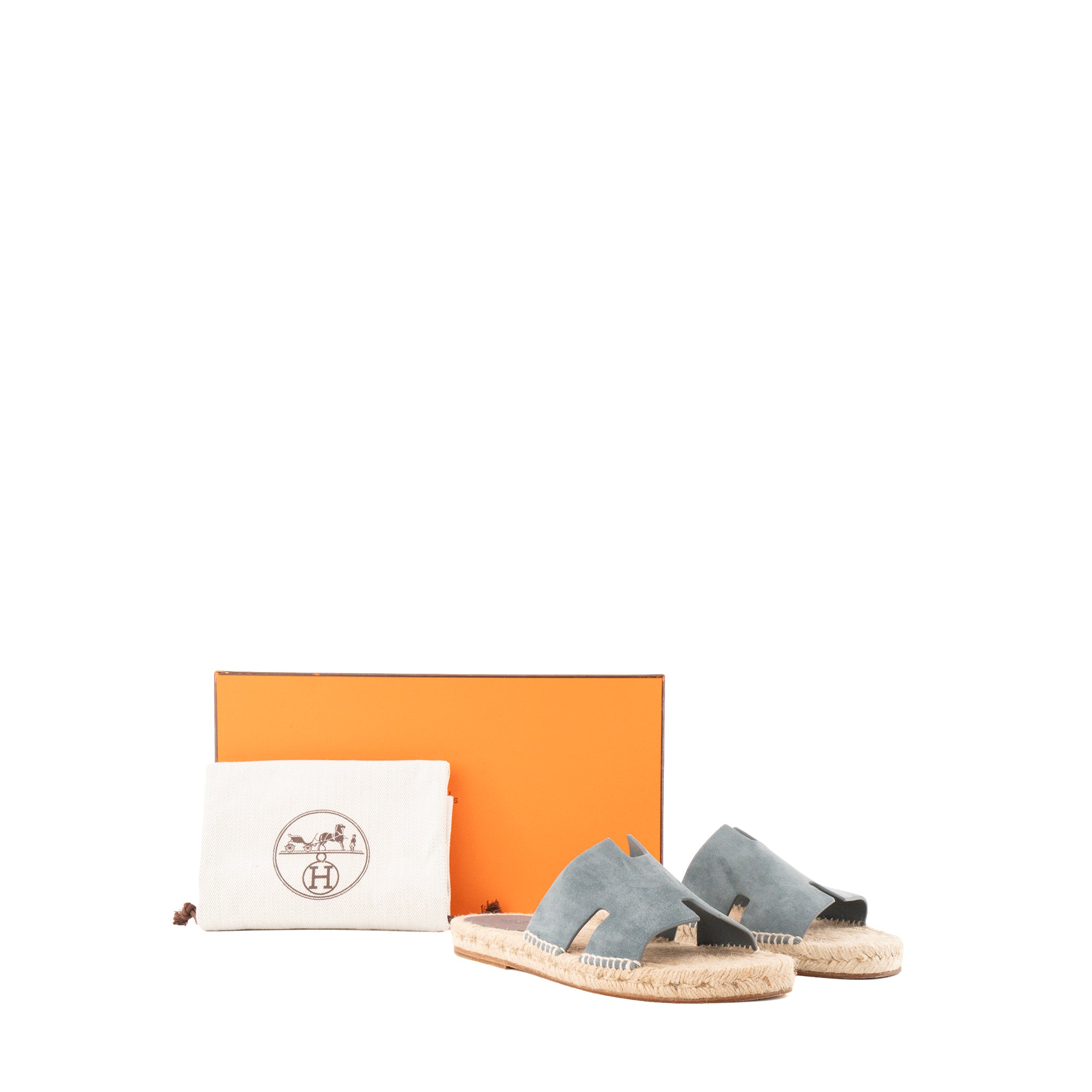 HERMÈS - Sandales Antigua Hermès en daim gris et raphia (T40)