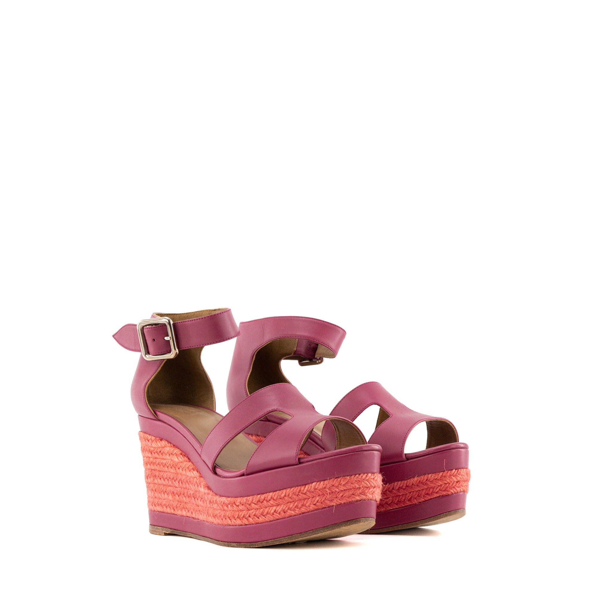 HERMÈS - Sandales Ilana à plateforme Hermès en cuir lisse et raphia rose (T37)