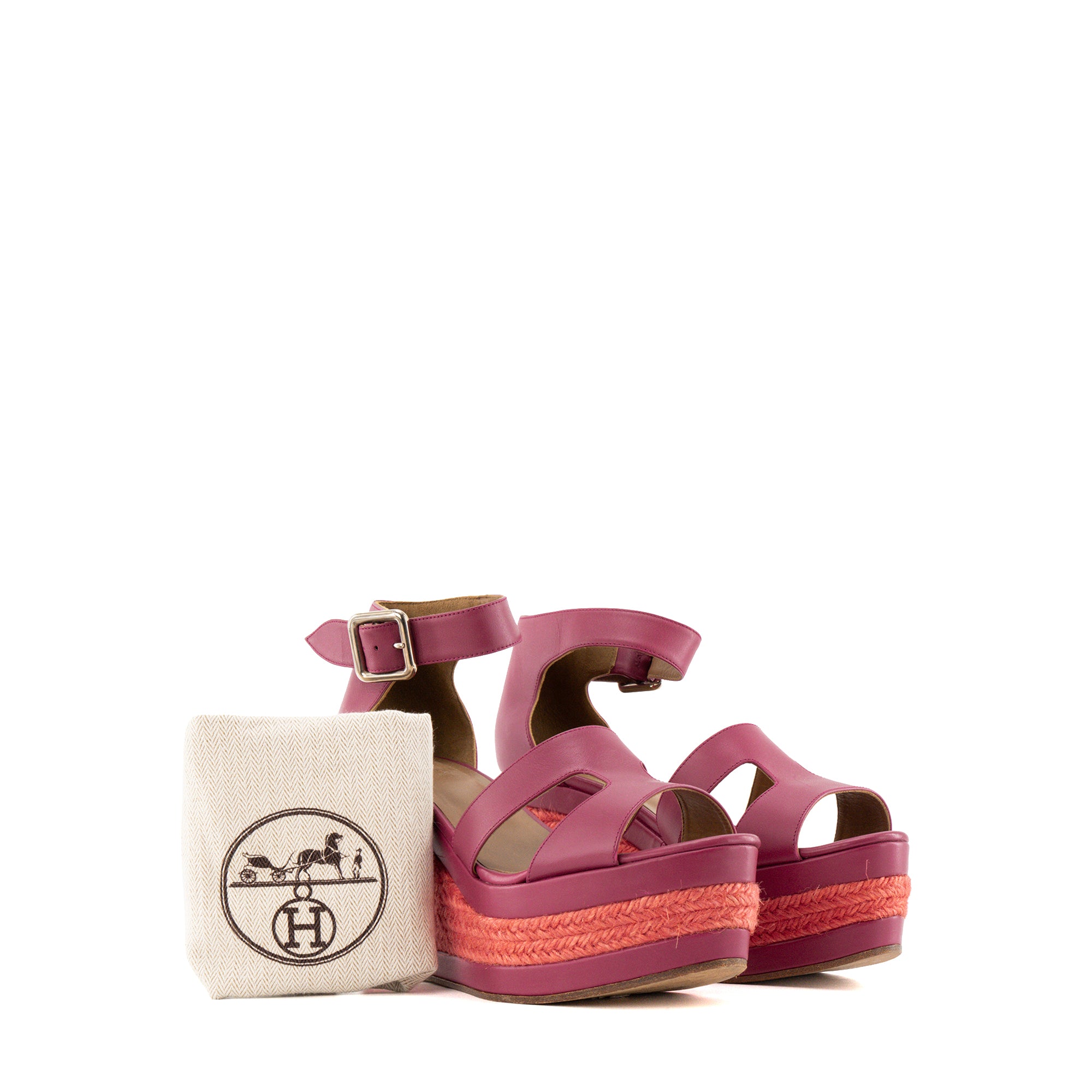 HERMÈS - Sandales Ilana à plateforme Hermès en cuir lisse et raphia rose (T37)