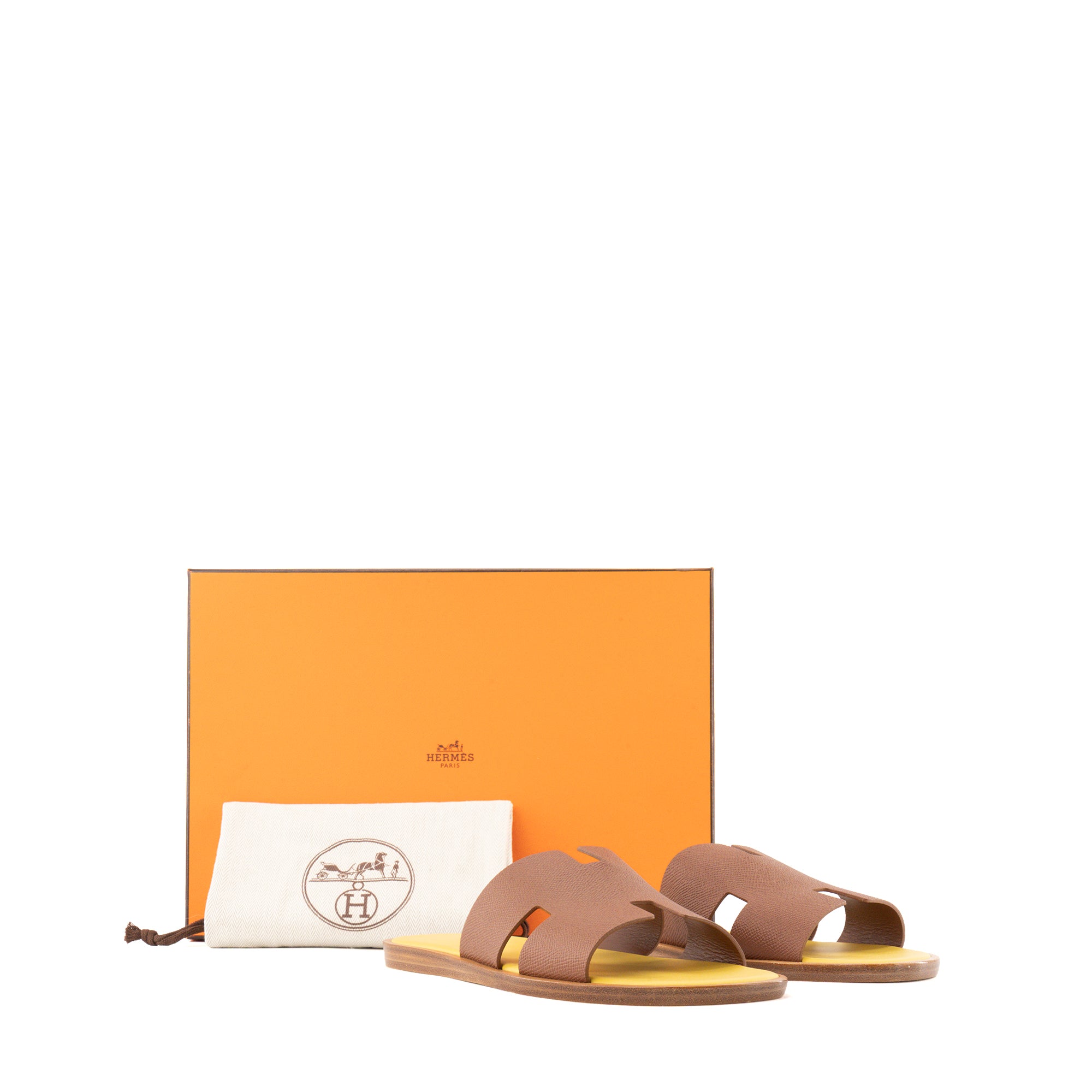 HERMÈS - Sandales Izmir Hermès en cuir epsom marron gold et jaune (T41)