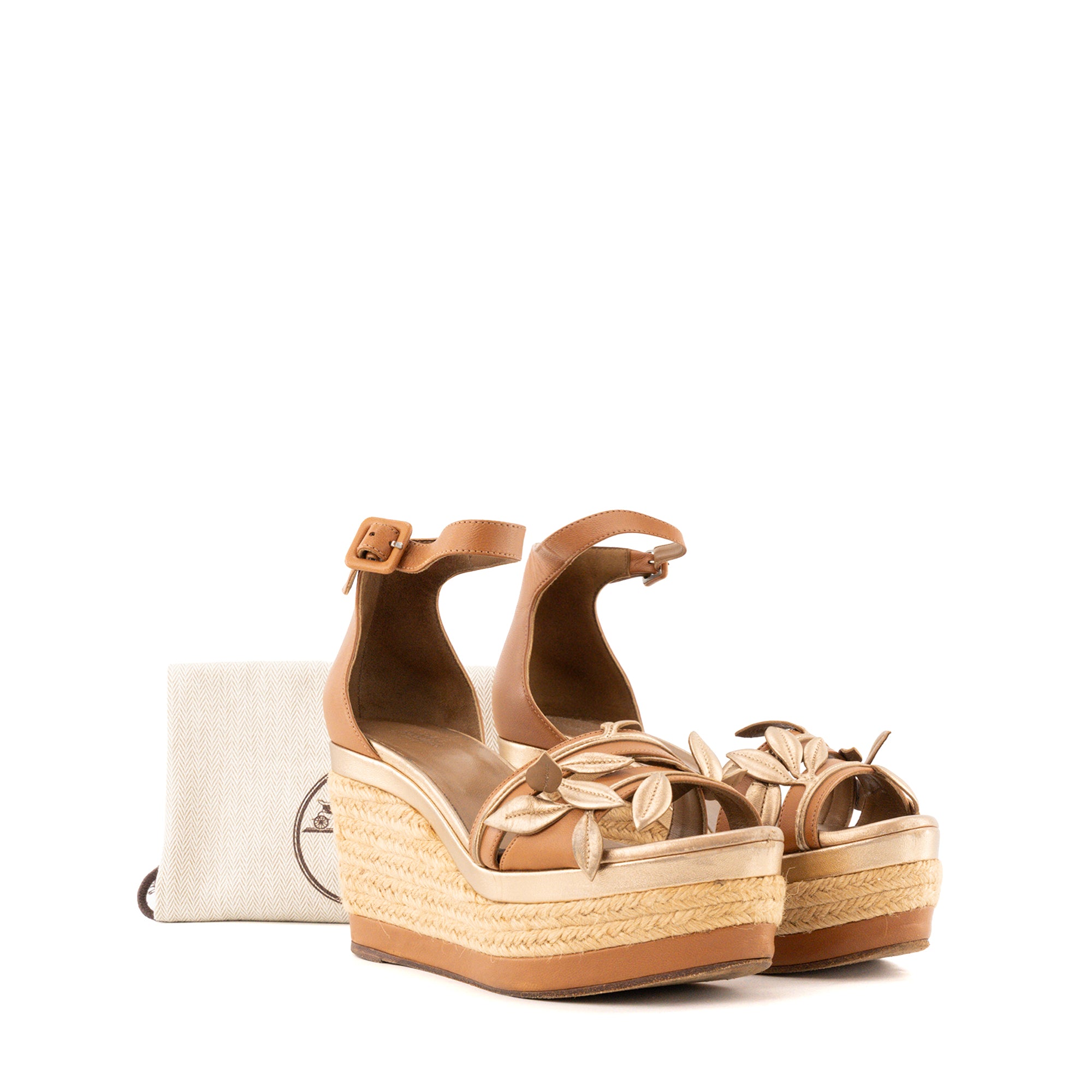 HERMÈS - Sandales Mambo à plateformes Hermès en cuir marron et doré (T37)