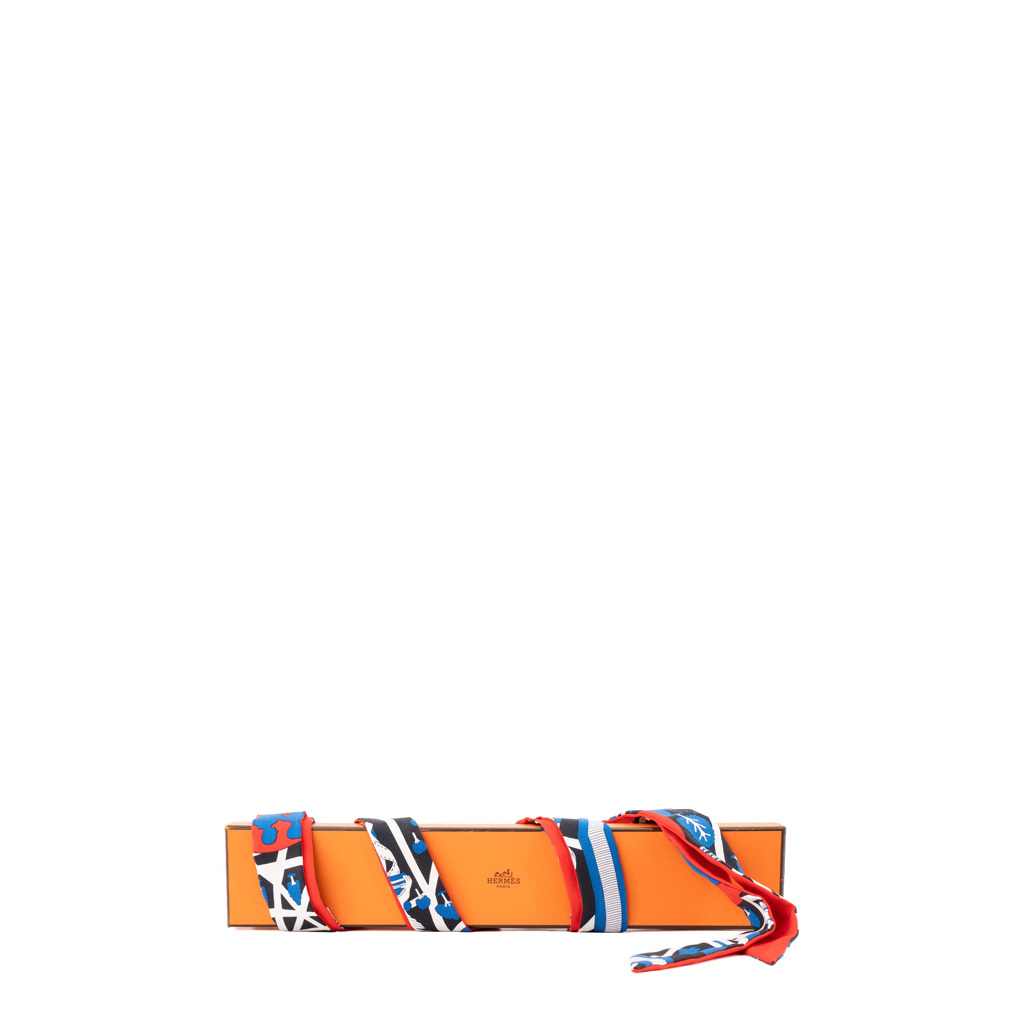 HERMÈS - Twillon Hermès en soie bleu et rouge