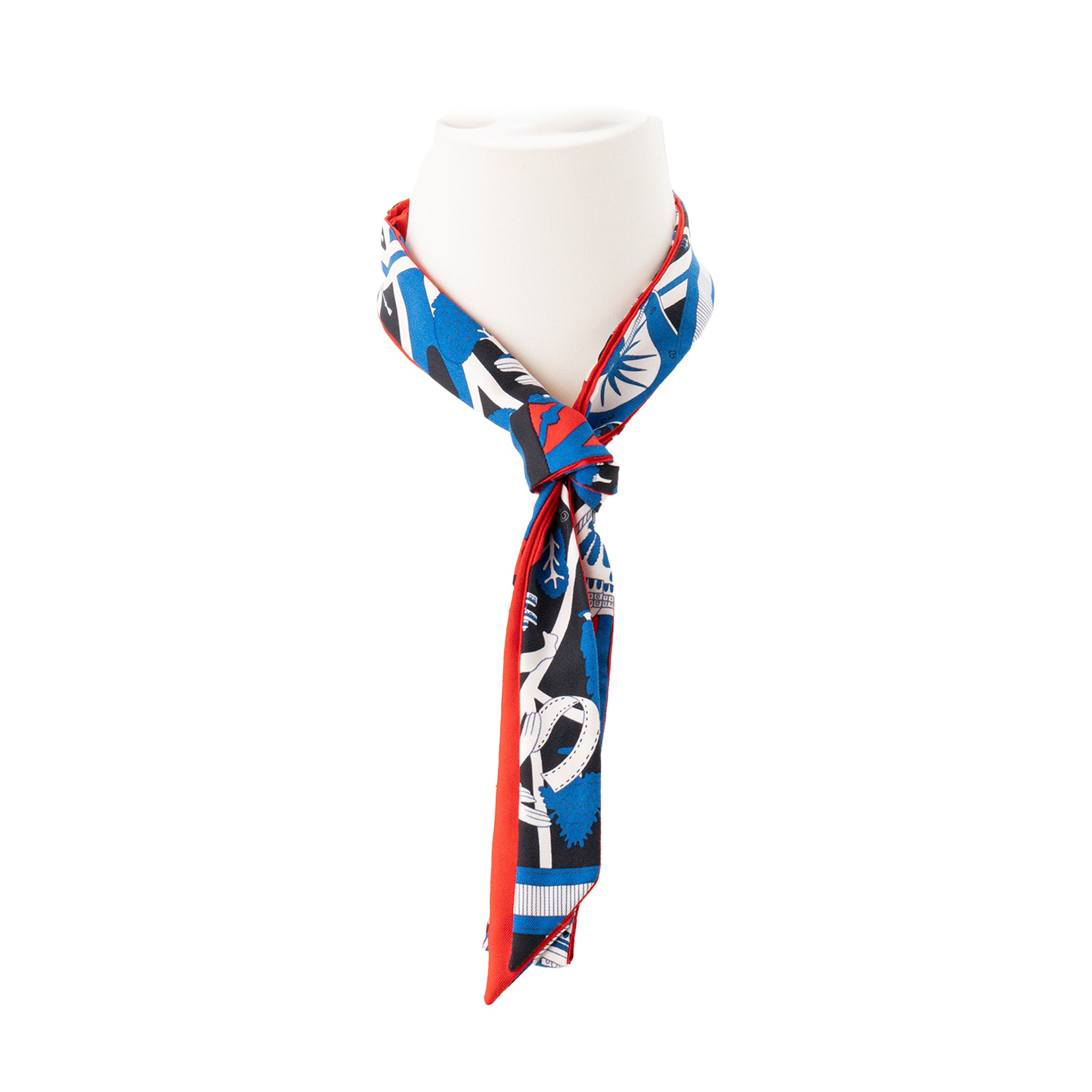 HERMÈS - Twillon Hermès en soie bleu et rouge