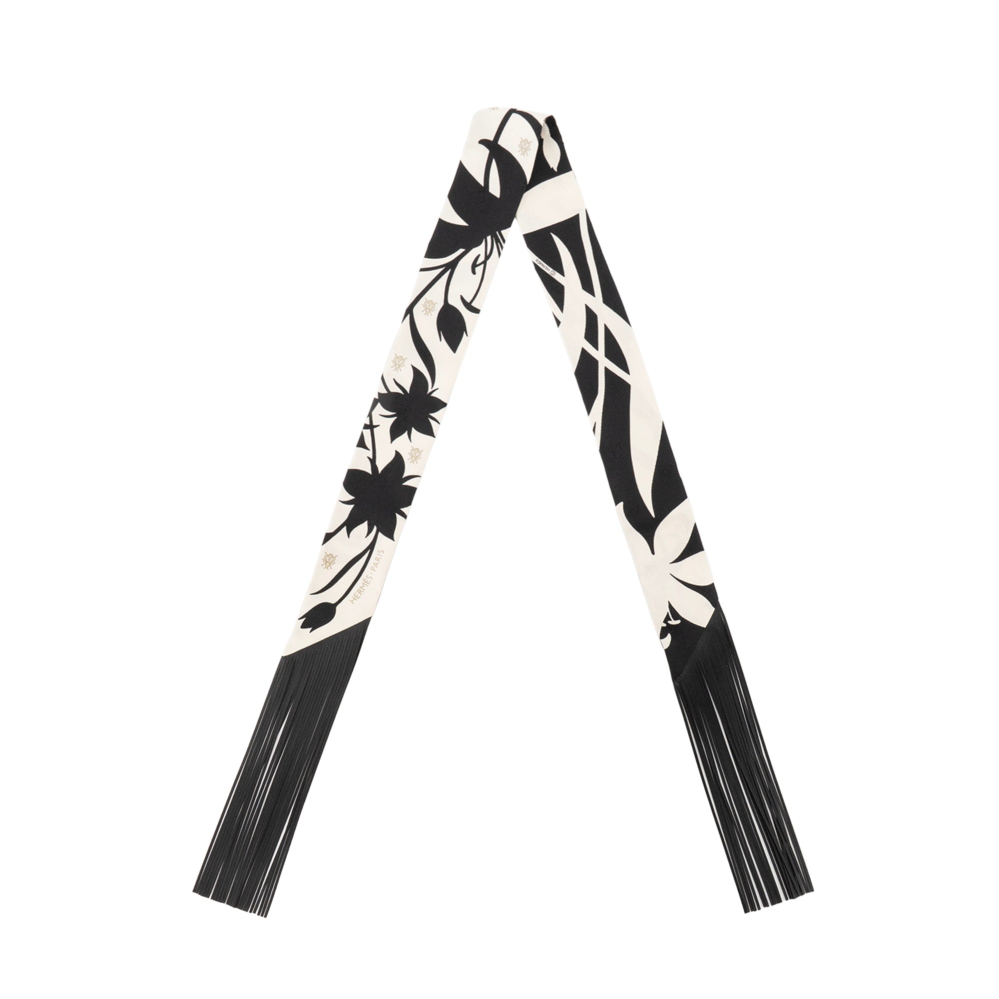 HERMÈS - Twilly Bouquet Final Abeille Hermès en soie beige et cuir noir