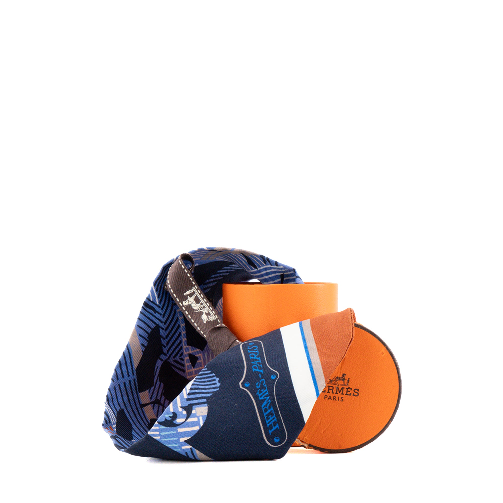 HERMES - Twilly Cavalcadour Hermès en soie bleu marine et marron