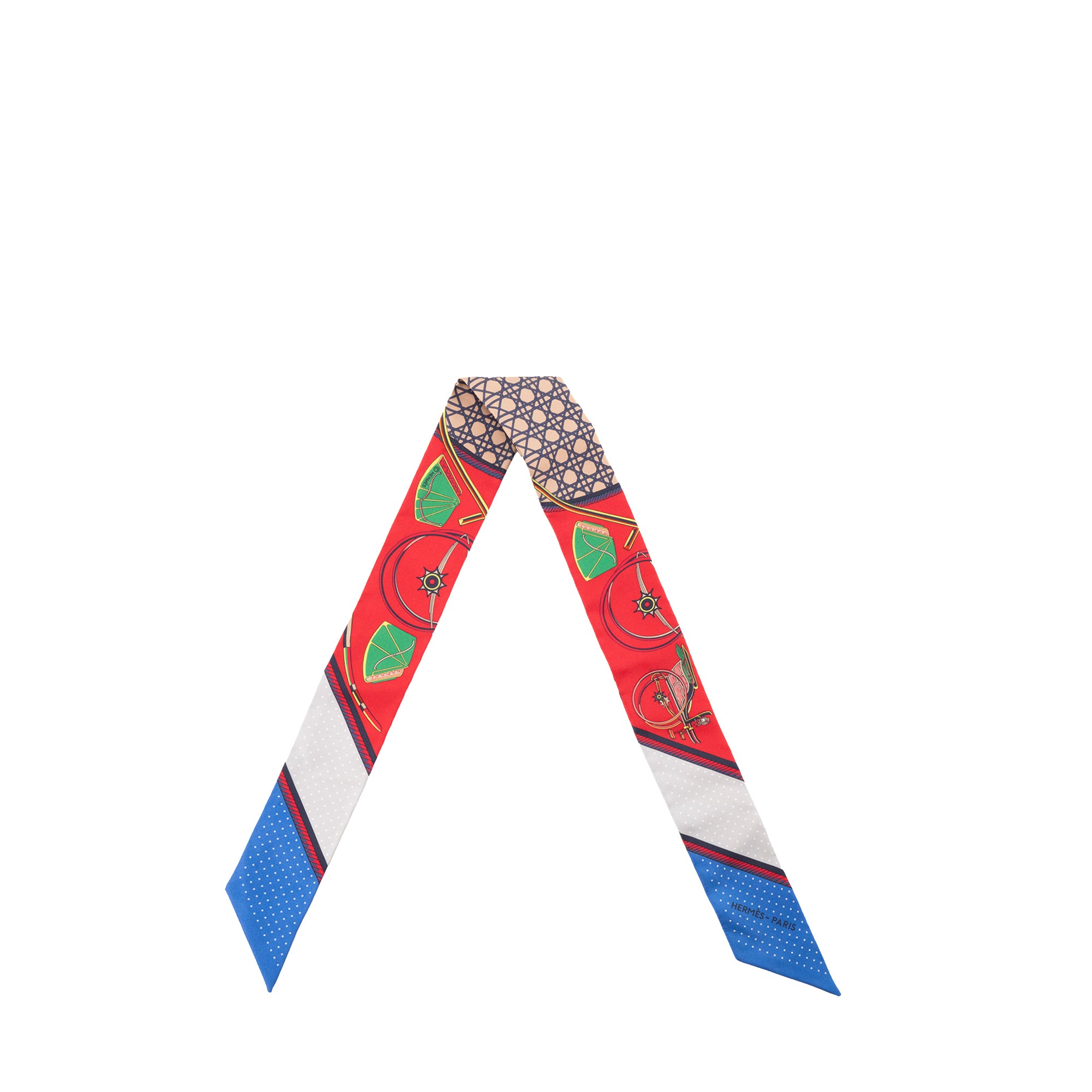 HERMÈS - Twilly Hermès en soie rouge et bleue