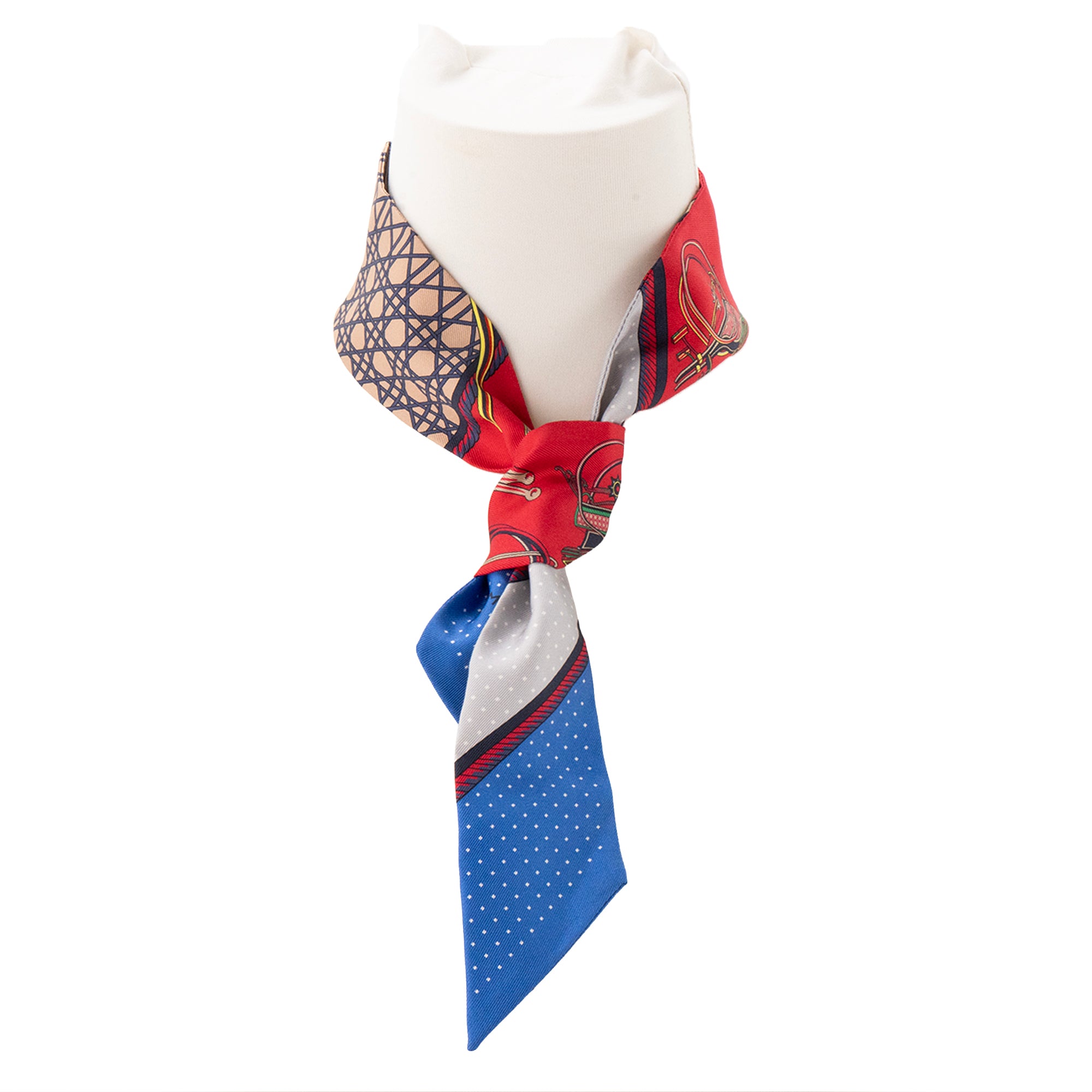 HERMÈS - Twilly Hermès en soie rouge et bleue