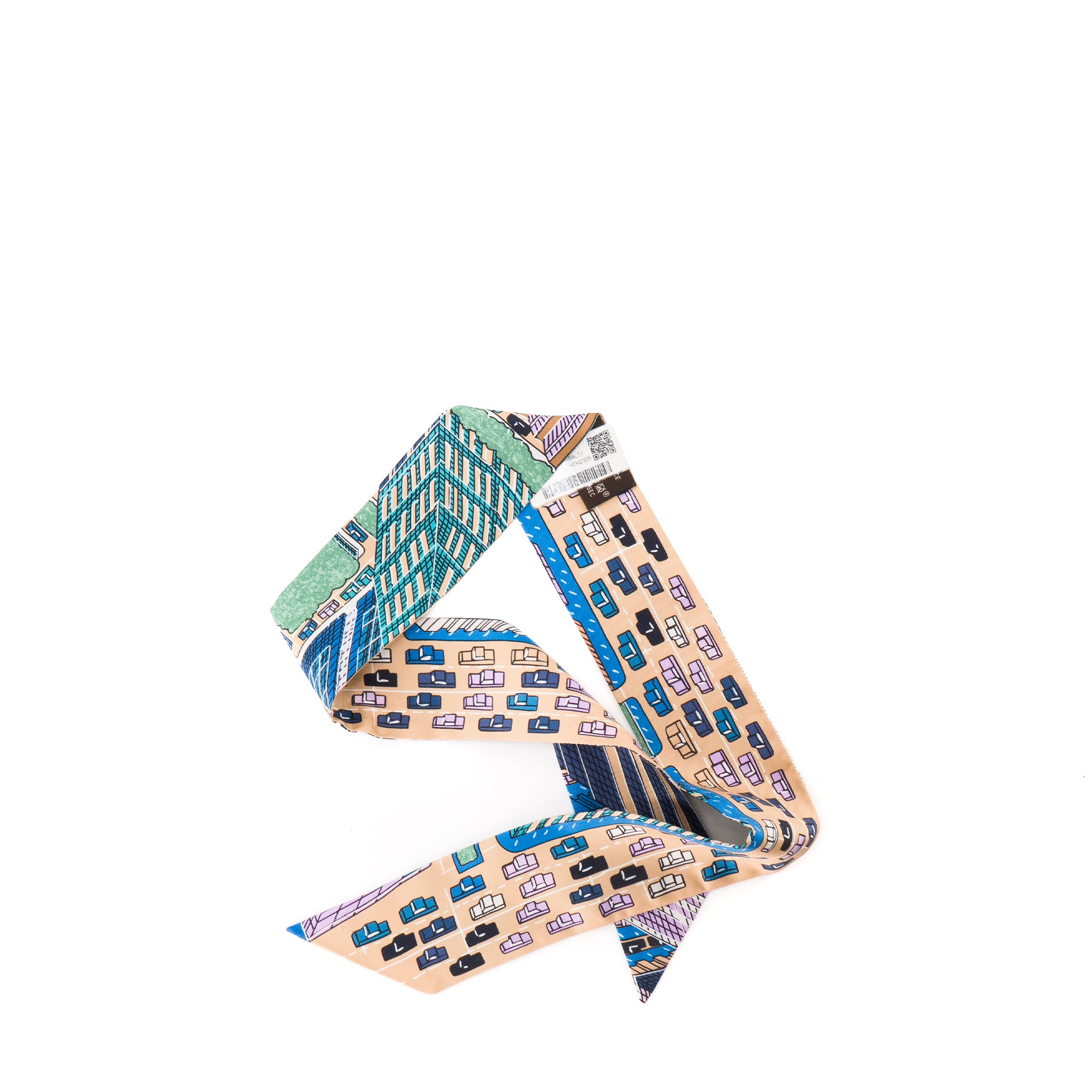 HERMÈS - Twilly Pantin Hermès en soie beige et bleu