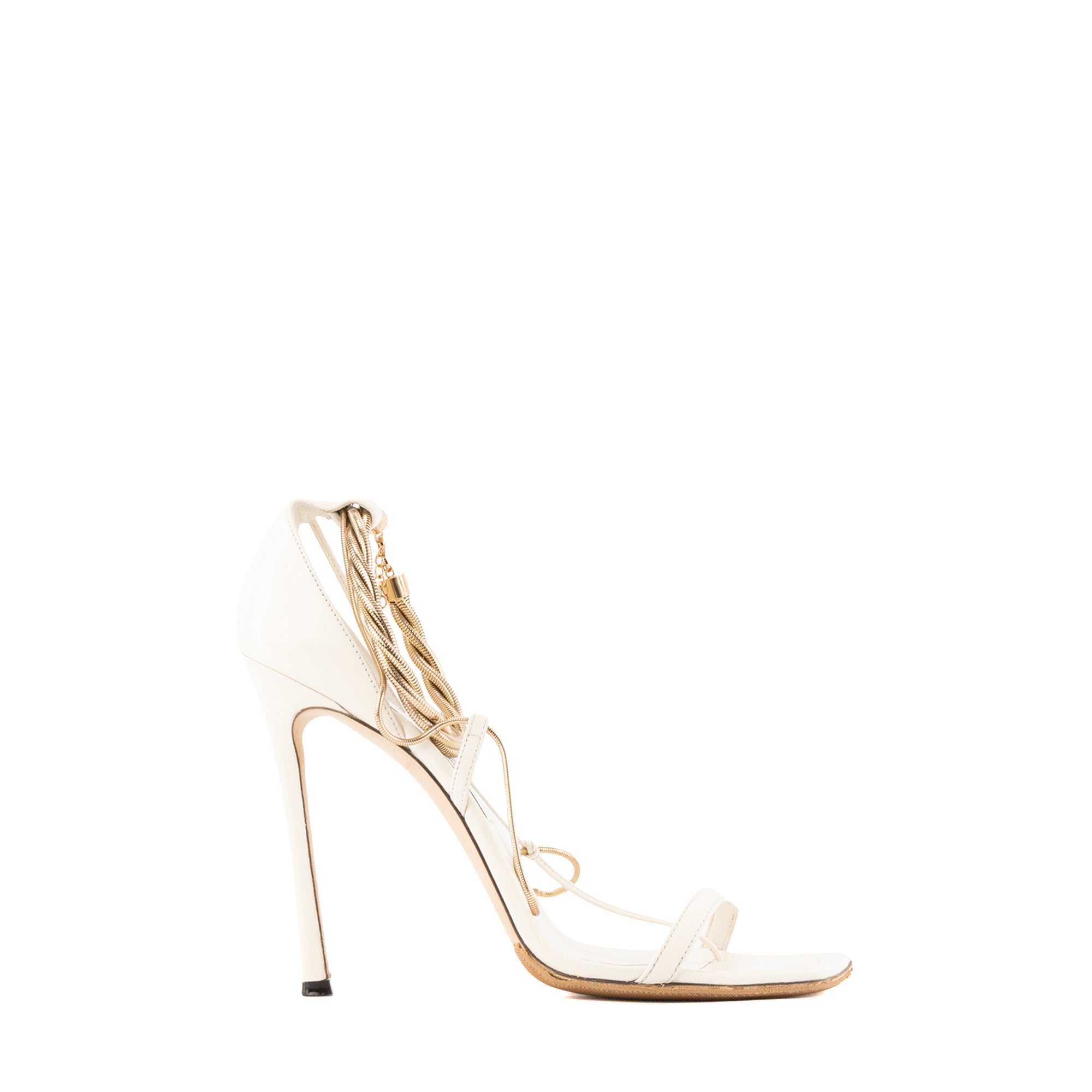 JIMMY CHOO - Sandales à talons Oriana Jimmy Choo en cuir blanc et bijouterie dorée (T41)