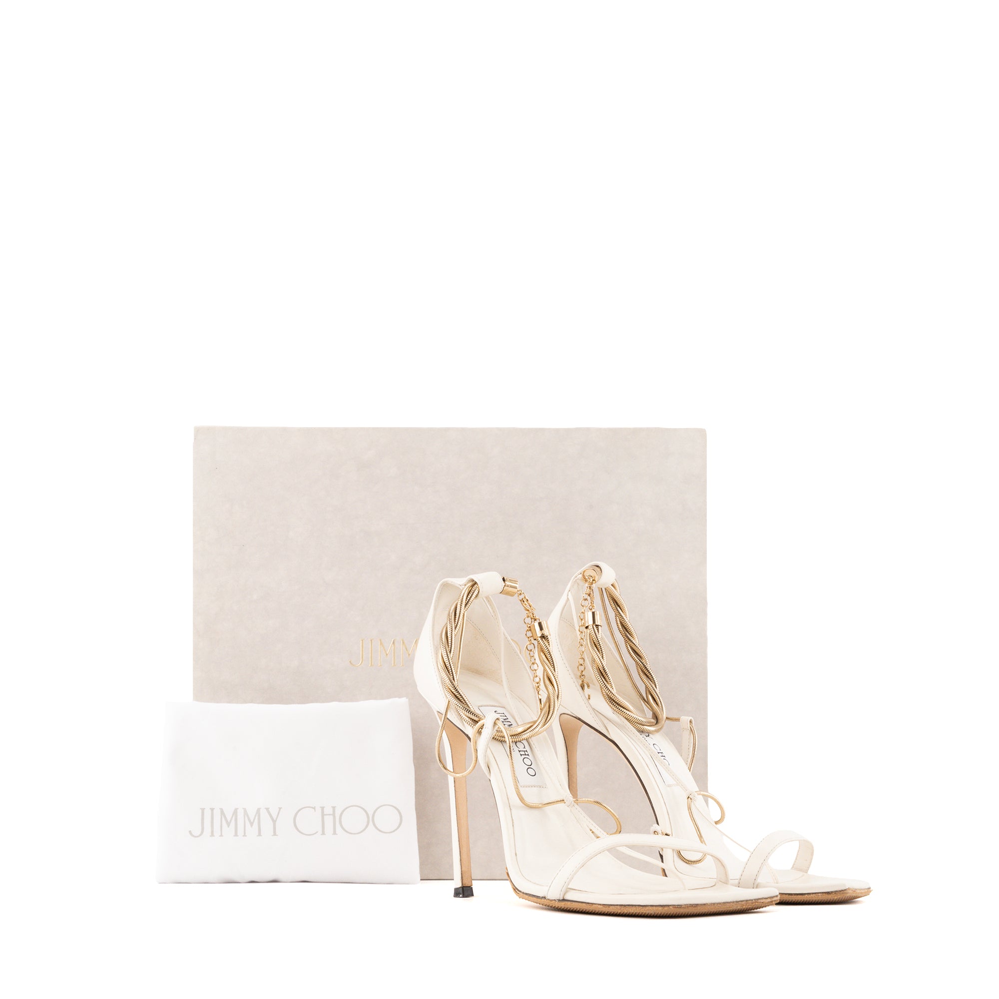 JIMMY CHOO - Sandales à talons Oriana Jimmy Choo en cuir blanc et bijouterie dorée (T41)