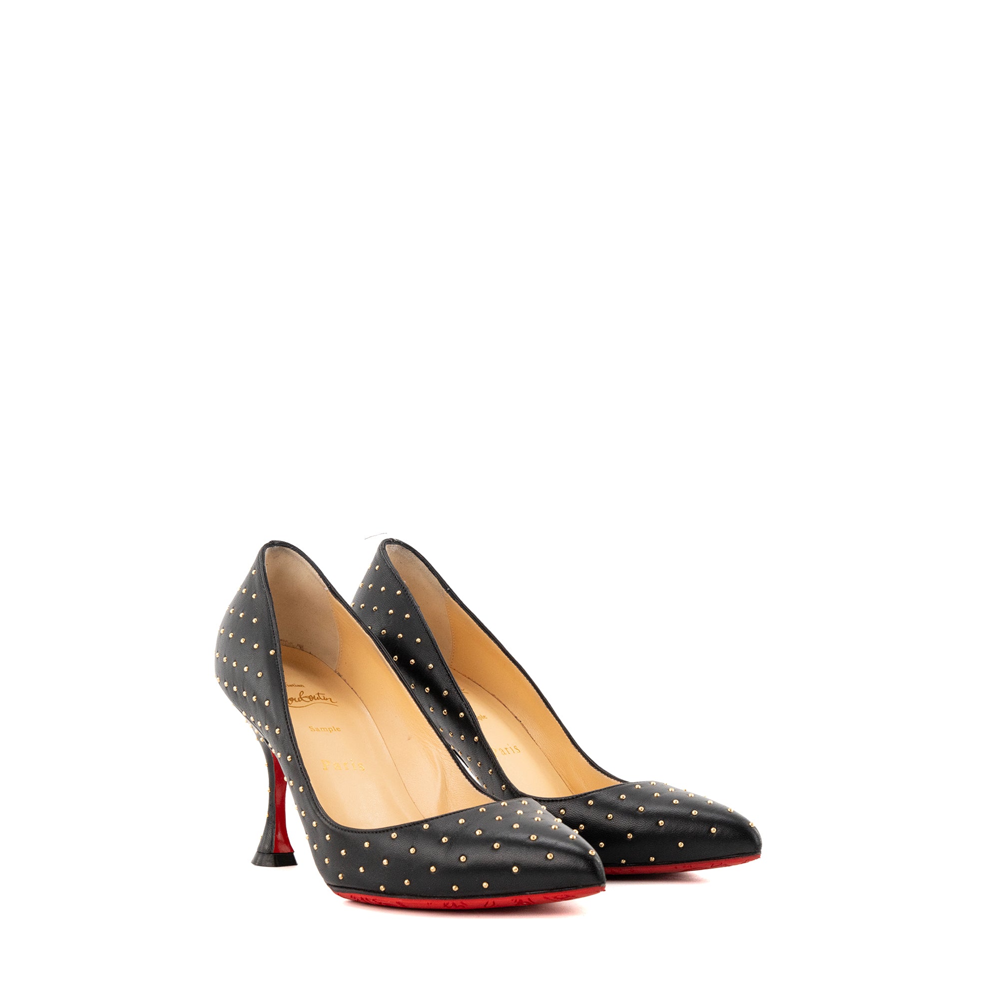LOUBOUTIN - Escarpins Pigalle Plume Louboutin en cuir lisse noir et studs dorés (T37)
