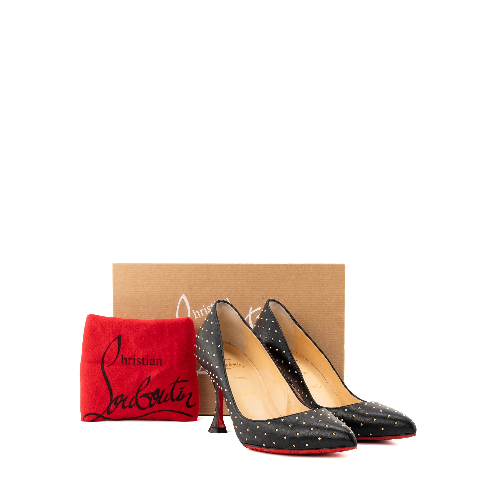 LOUBOUTIN - Escarpins Pigalle Plume Louboutin en cuir lisse noir et studs dorés (T37)