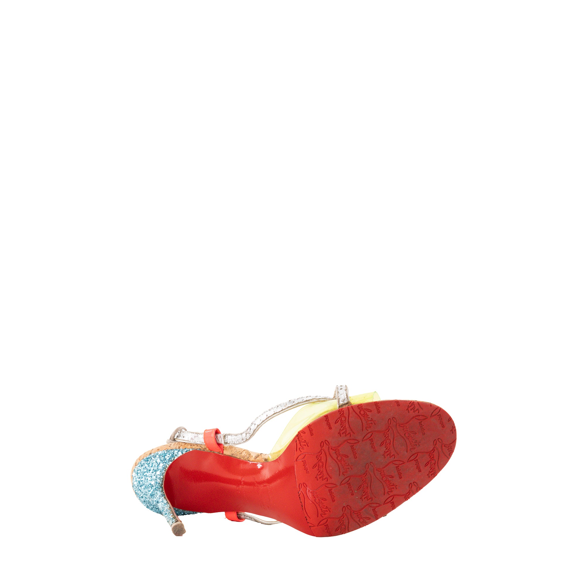 LOUBOUTIN - Sandales à talons Louboutin en PVC jaune, cuir argenté et paillettes bleues (T39)