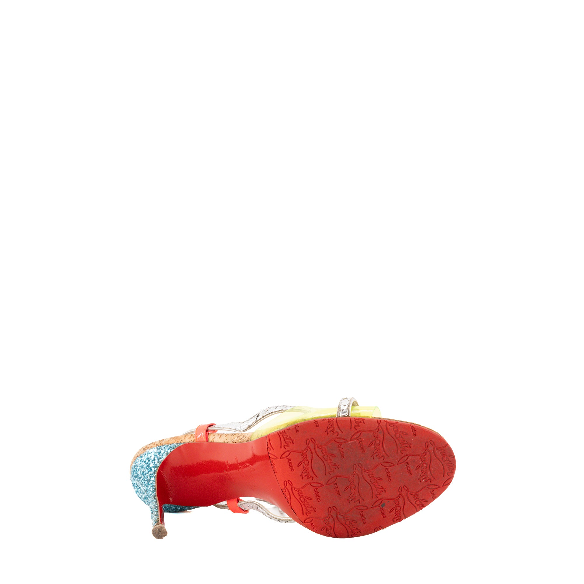 LOUBOUTIN - Sandales à talons Louboutin en PVC jaune, cuir argenté et paillettes bleues (T39)